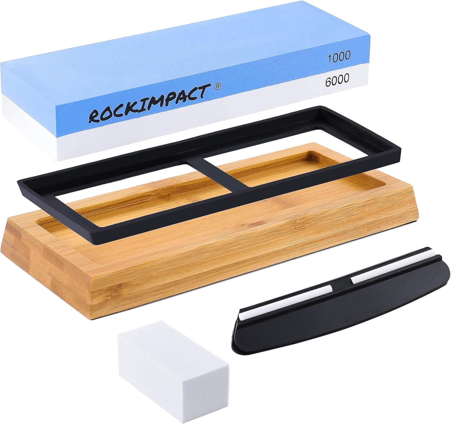 RockImpact Knife Sharpener Stone | Sharpening Stone | Whetstone Sharpening Kit 2 Side Grit 1000/6000 | w/Silicone Non-Slip Mat, Wooden Base, Angle Guide & Flattening Stone