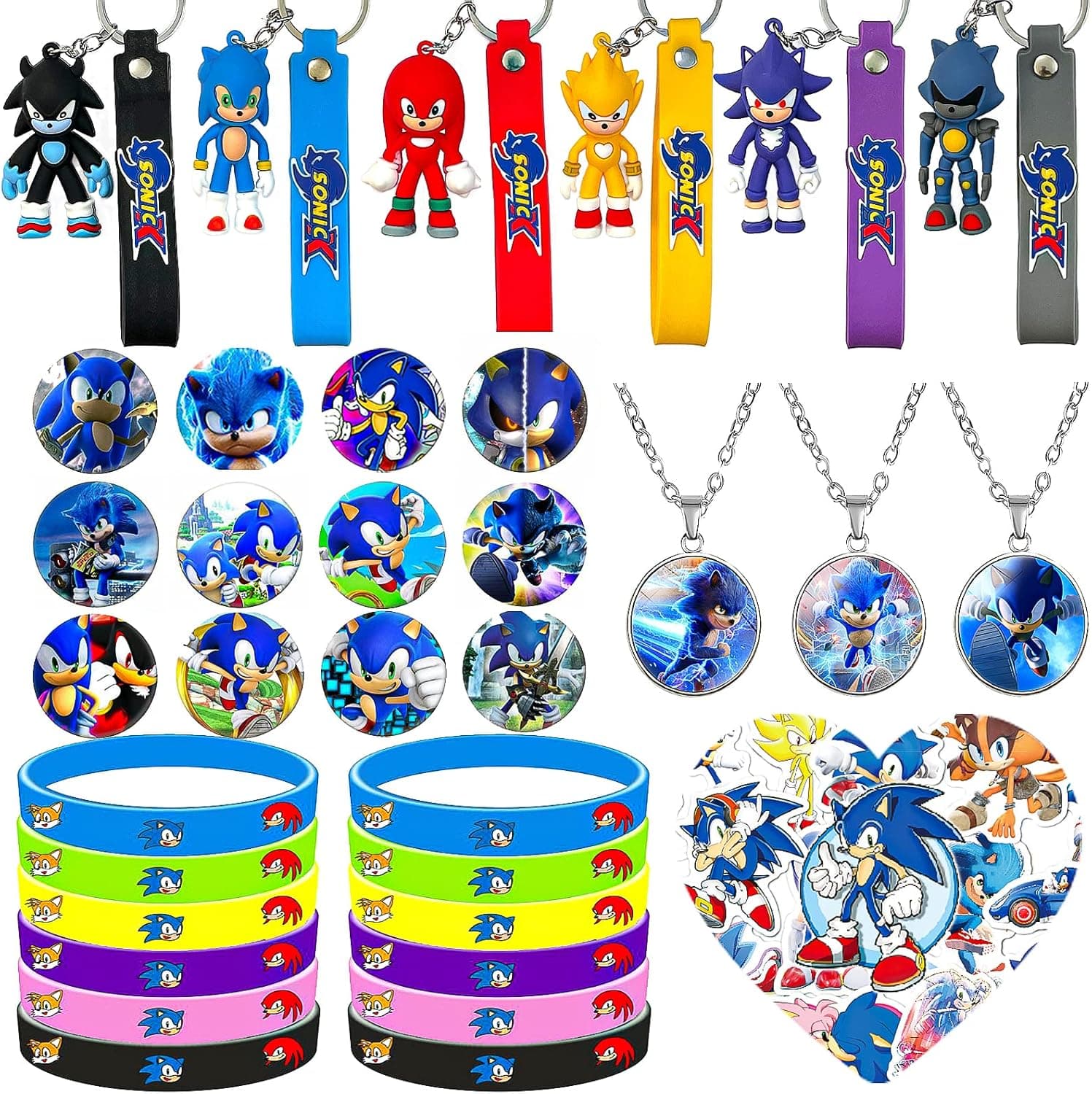 LYYRUCD 83 Pcs Sonic Party Favors Birthday, Sonic Party Supplies - 3 Necklaces, 6 Doll keychains, 12 Bracelets, 12 Brooches, 50 Stickers, Best for Sonic Themed Party Favors Goodie Bags Stuffers.