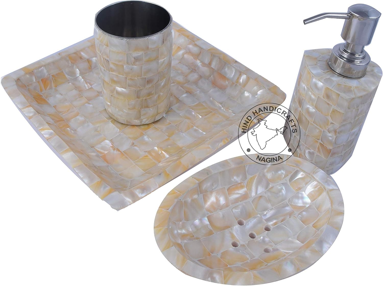 4-Piece Houseware Mother of Pearl & Steel Countertop Hand Liquid Soap/Lotion Dispenser - Toothbrush Holder - Soap Dish Sanitary – Tray | Home Decor Gift (White and Orange)