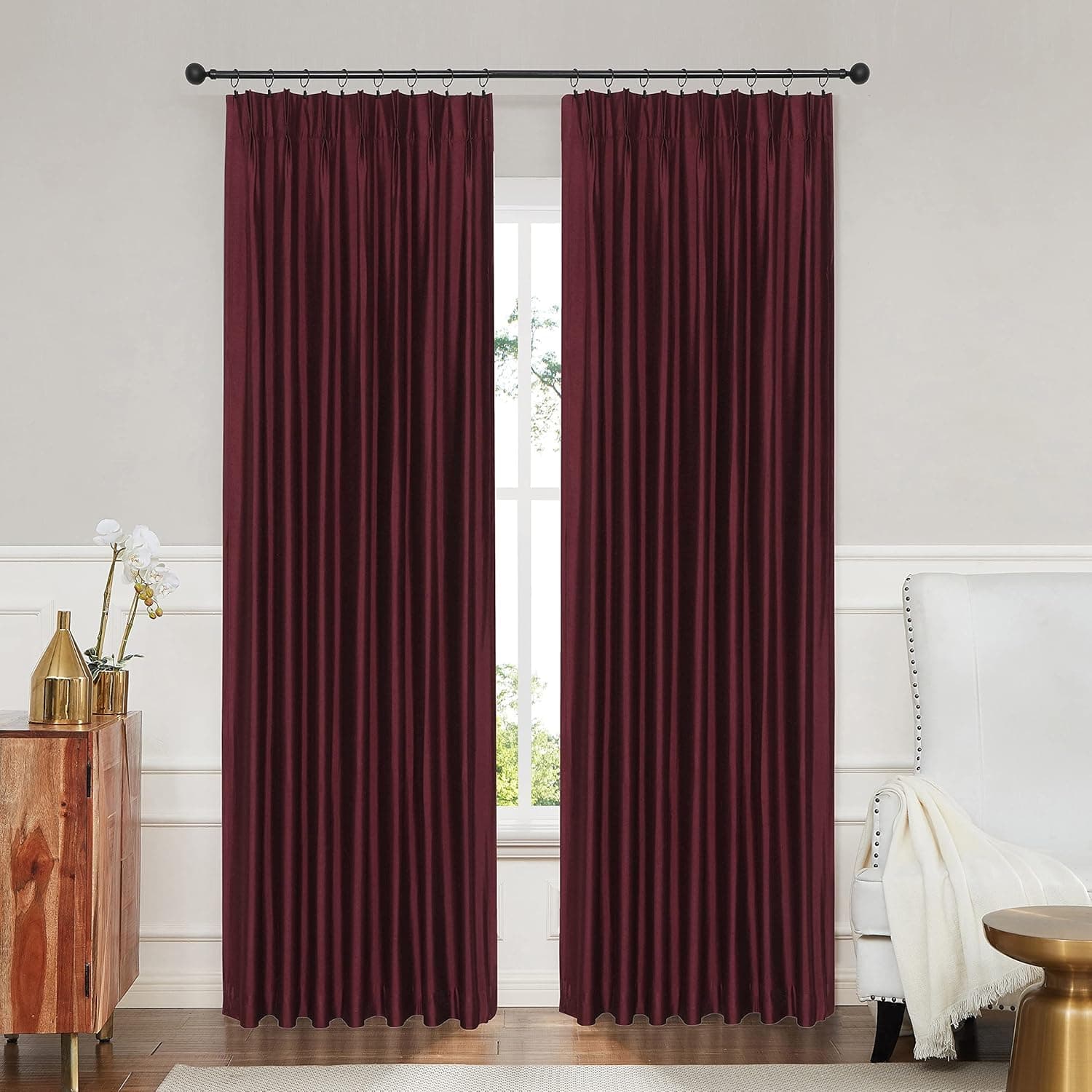 Central Park Wine Red Pinch Pleat Blackout Window Curtain for Bedroom Living Room Luxury Silk Panels with Full Blackout Liner Backtab Drapes with 9 Hooks (Ring not Include), 40"x95", 1 Panel