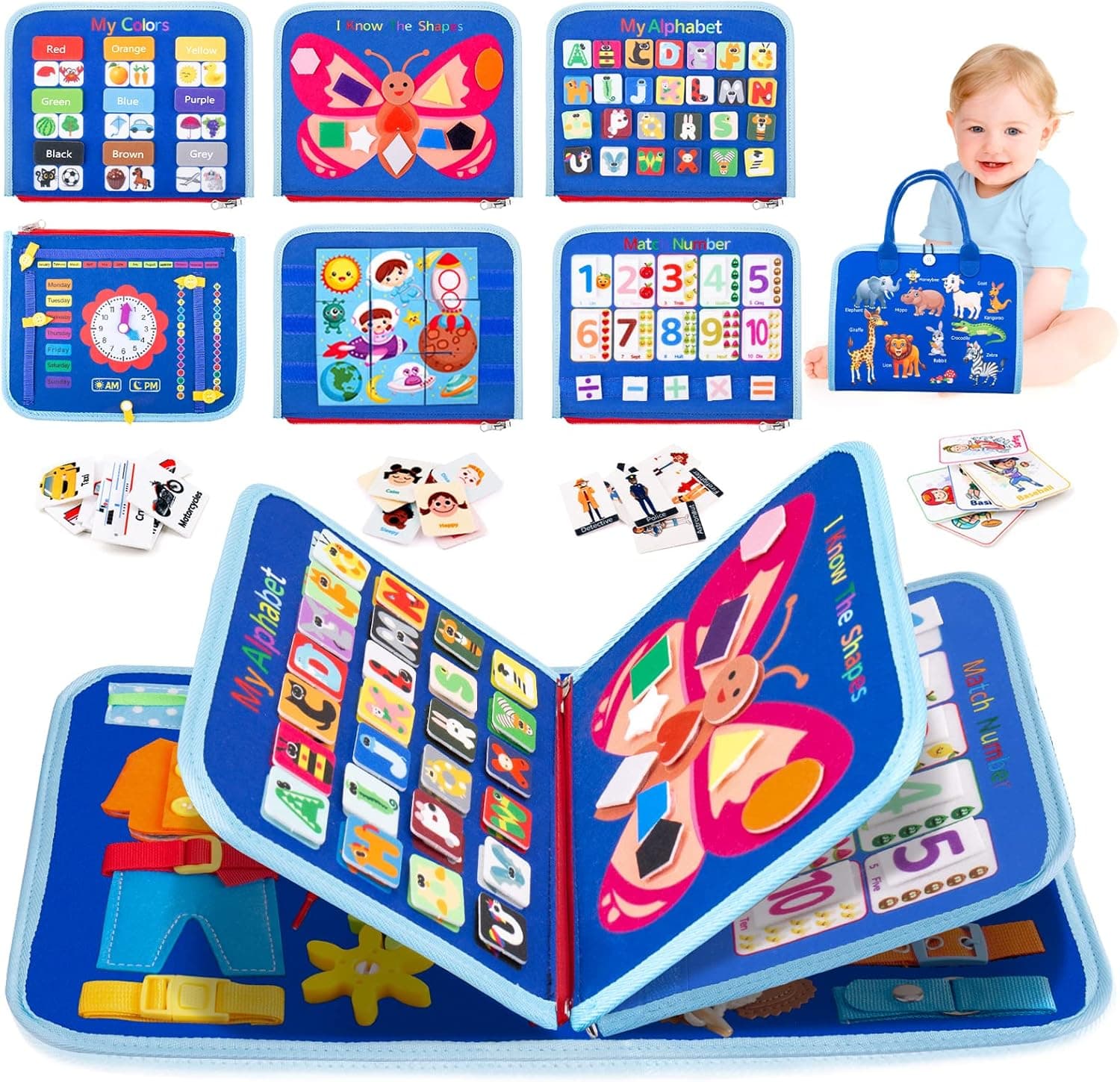 Splaks Toddler Busy Board with DIY Page, 20 in 1 Montessori Toys Sensory Activity Toys Preschool Educational Toys to Learn Basic Skills, for Airplane Car Travel (Upgrade Blue)