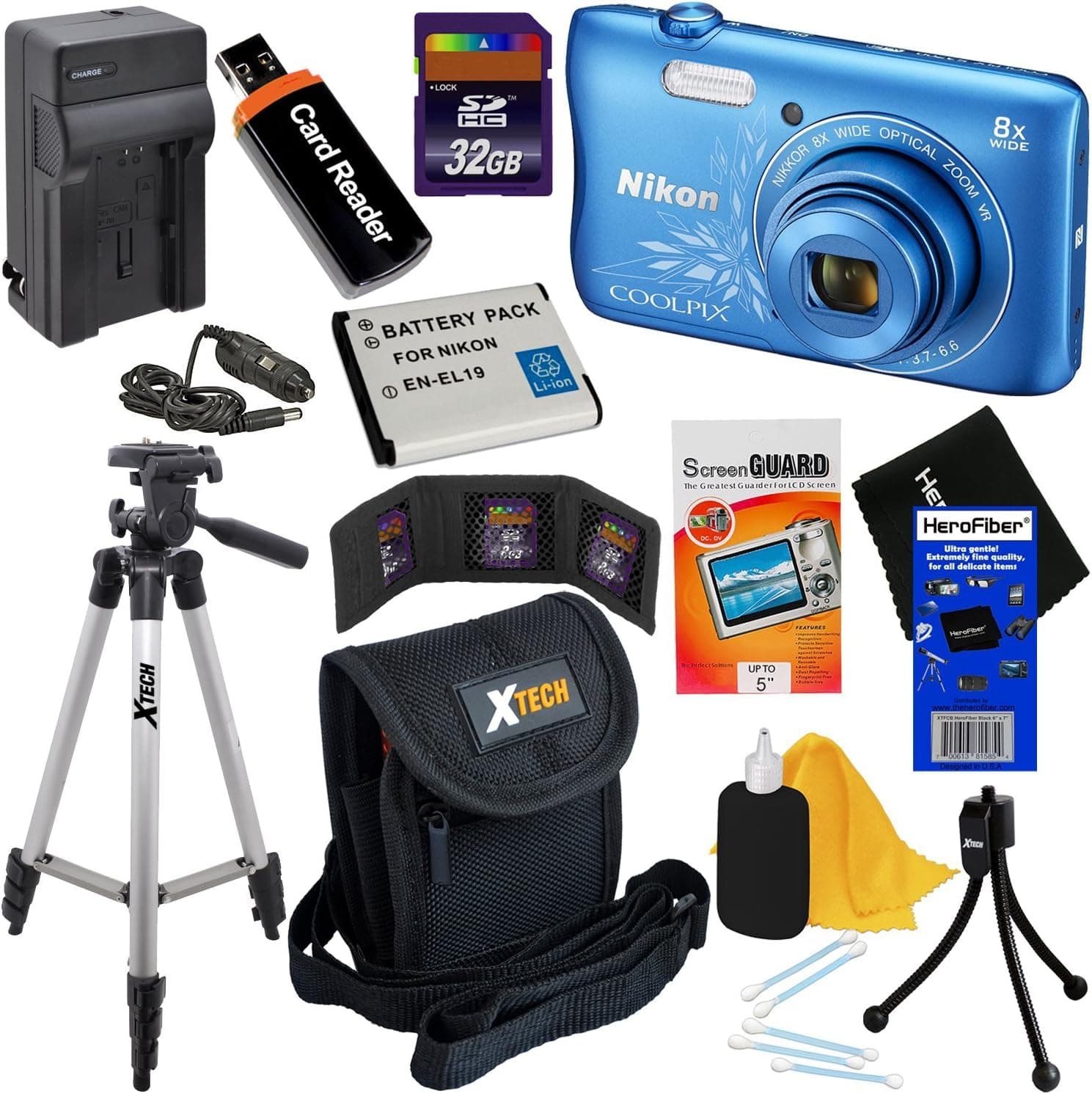 HeroFiber Nikon COOLPIX S3700 20MP Wi-Fi Digital Camera with 8X Zoom & HD Video (Blue Lineart) - International Version (No Warranty) + Battery & AC/DC Charger + 10pc 32GB DLX Accessory Kit w Cloth
