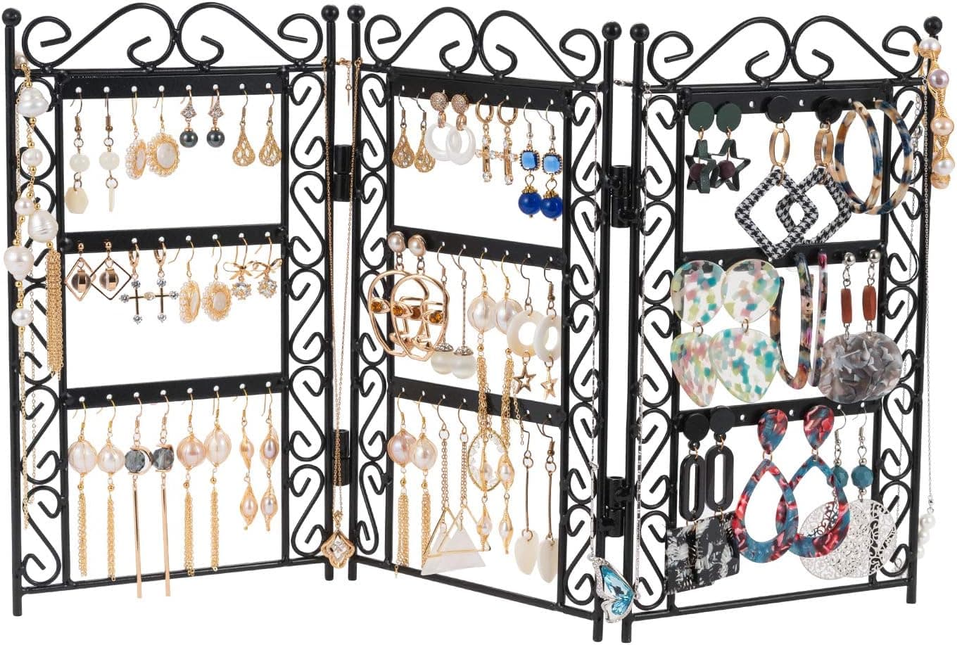 DHMK Earring Stand Earring Holder Foldable 3 Panel Jewelry Holder Earrings Display Stand Ear Studs Storage Rack Organizer Earring Holder Display Stand for Woman Girl Gift (Black)