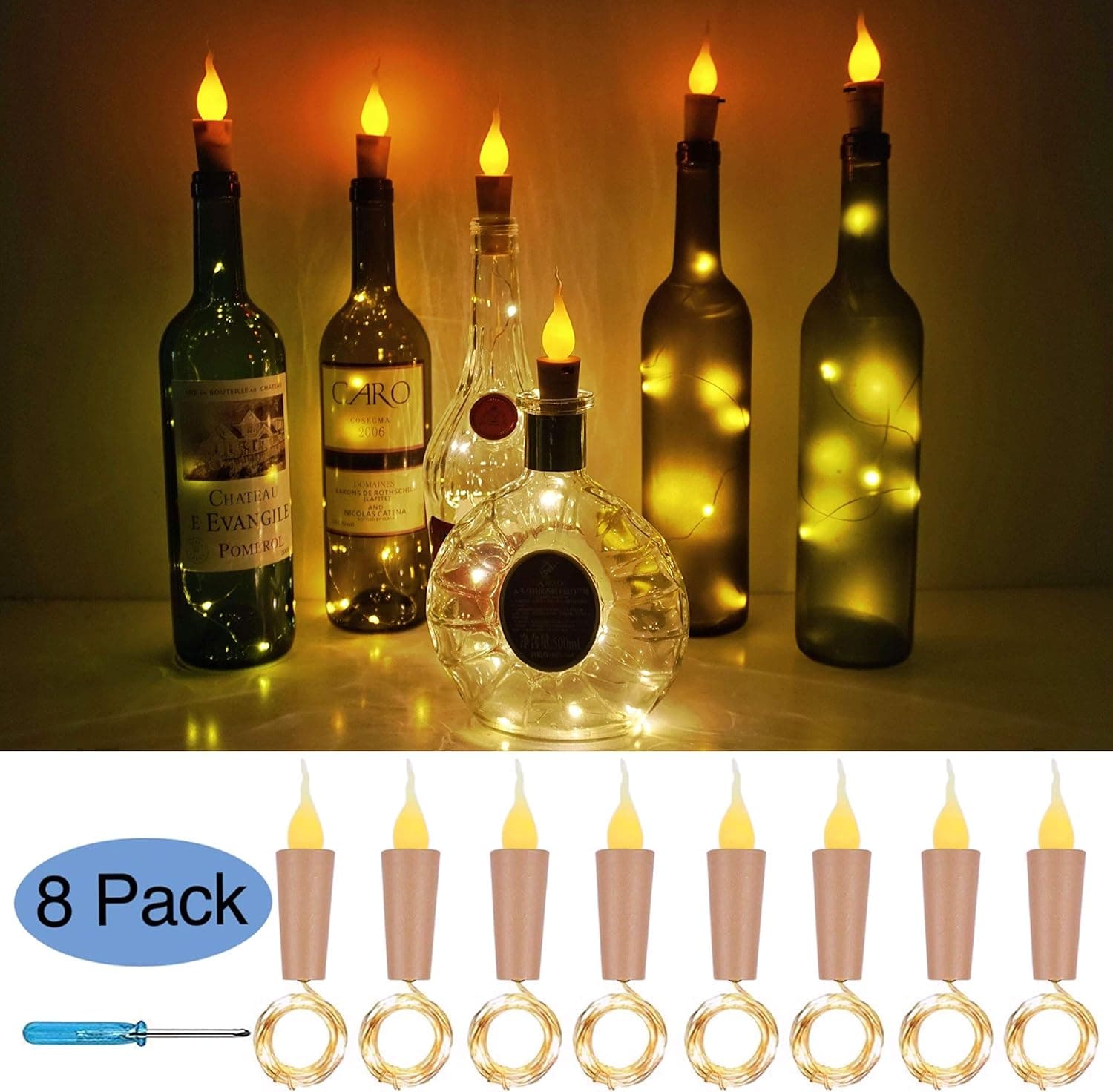 Flame Cork Lights for Wine Bottle 8 Pack Battery Operated LED Candle Flameless Tealight Cork Fairy Mini String Flame Cork Light for Party Christmas Halloween Wedding DIY Decor (Candle Top)