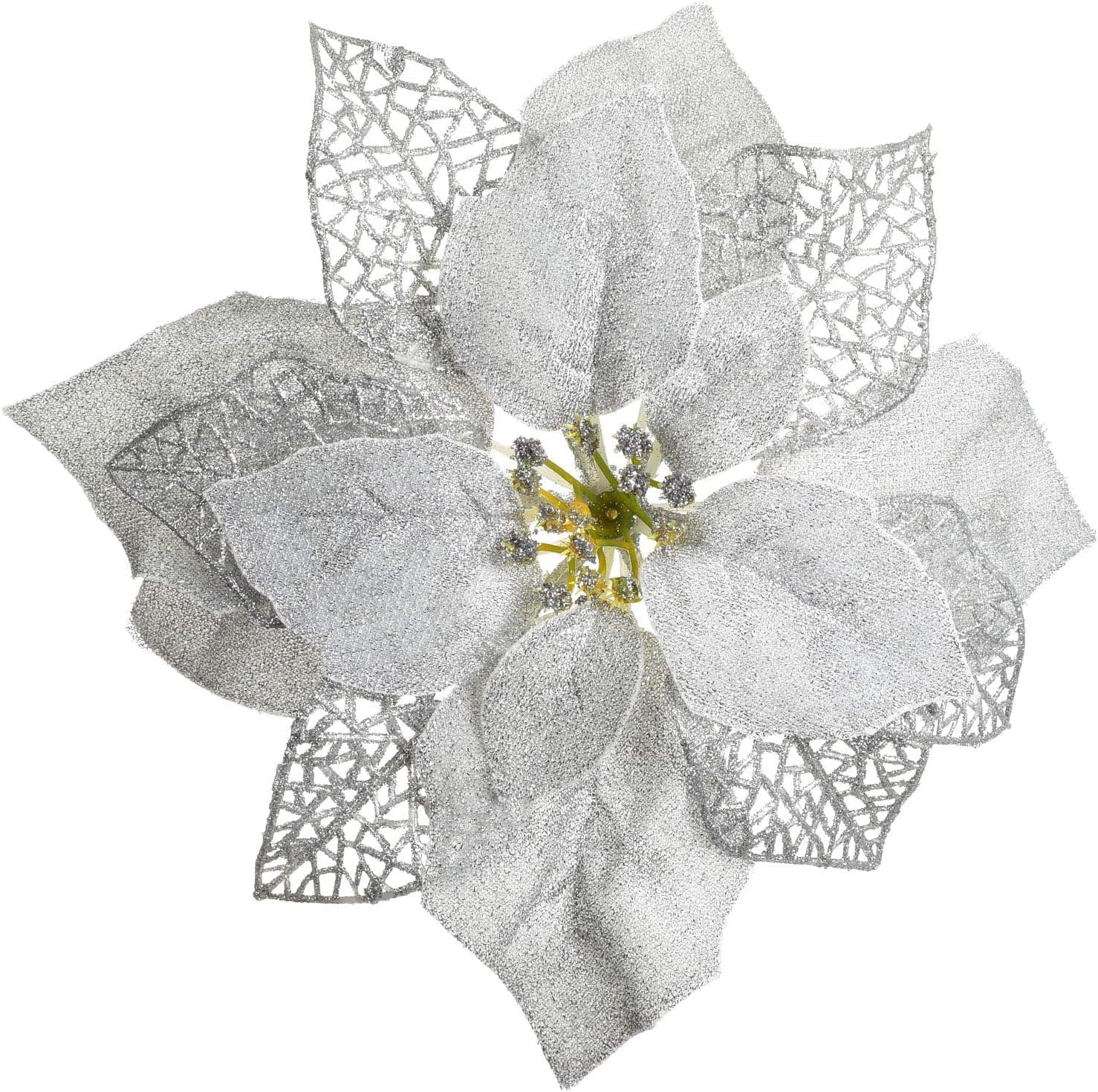 Lvydec 12pcs Christmas Poinsettia Flowers, Artificial Flowers Glitter Poinsettia Christmas Wreath Christmas Tree Ornaments for Christmas Decorations (Silver)