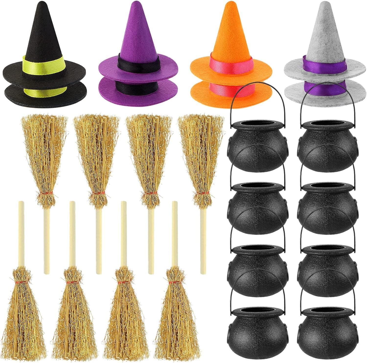 24 Pcs Halloween Mini Witch Hats, Mini Broom, Candy Cauldron Kettles, Halloween Decorations Witch Craft Miniatures Wizard Accessory for Halloween, St Patrick's Day, Wizard Theme Party Decorations