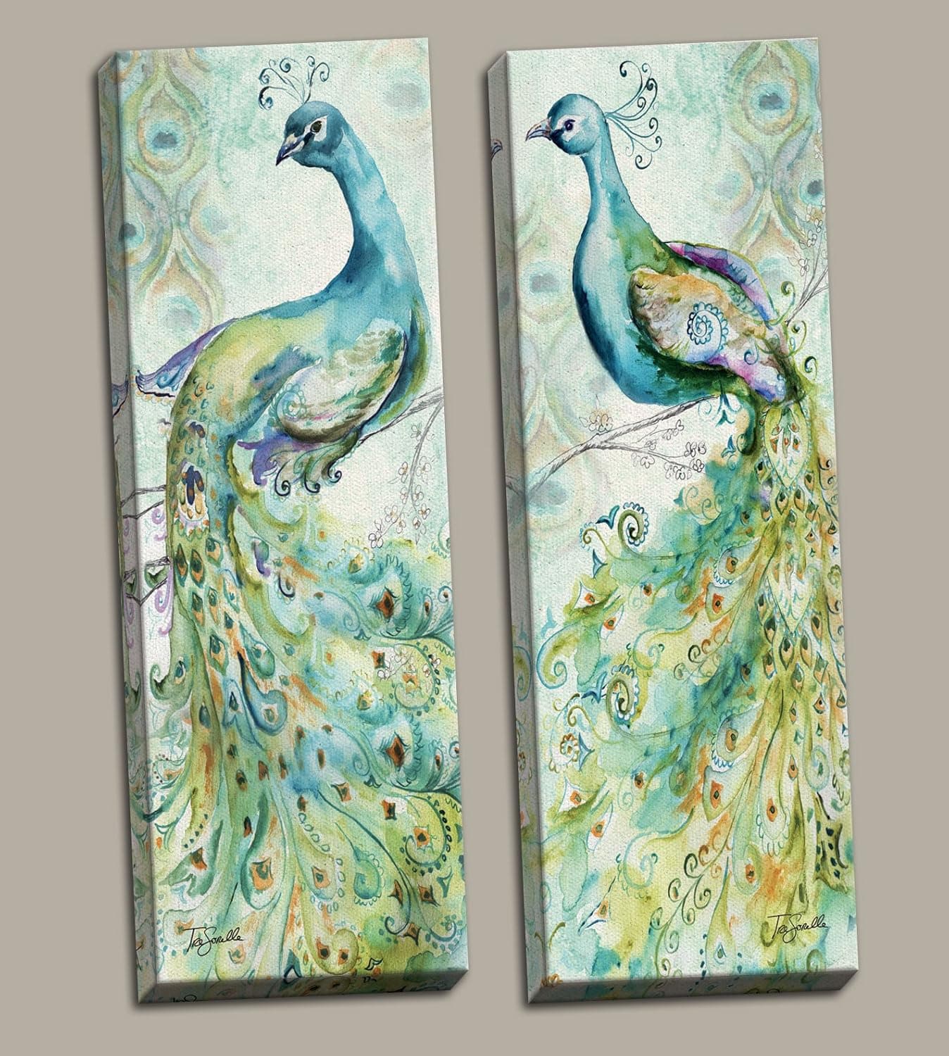Gango Home Décor Gorgeous Teal Green and Purple Watercolor Style Peacock Panel Set by Tre Sorelle Studios; Two 8x20in Stretched Canvases