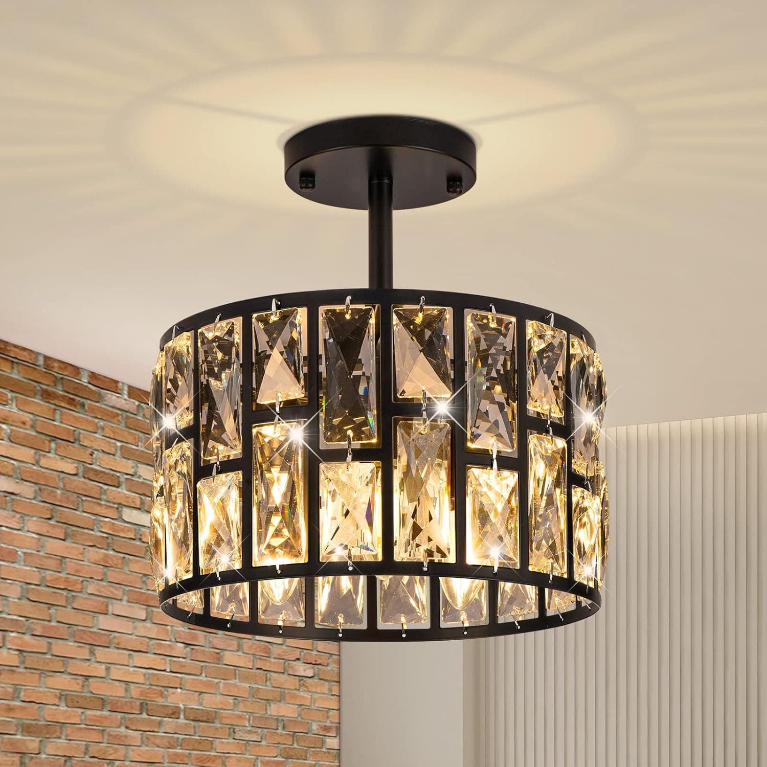 NookNova Farmhouse Crystal Round Semi Flush Mount Ceiling Light Fixture, Black Modern Close to Ceiling Light, Small Chandelier Ceiling Lights for Kitchen, Living Room, Bedroom, Hallway, Dining Room