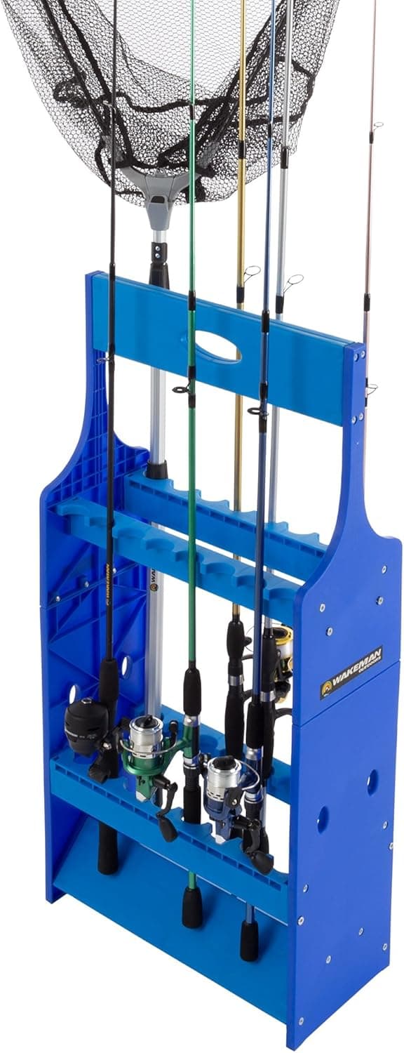 Fishing Rod Rack- Plastic Floor Storage Holder, Organizer Stand for Home or Garage, Fits 16 Freshwater or Saltwater Rods by Wakeman Outdoors, Blue (80-FSH5019), Normal