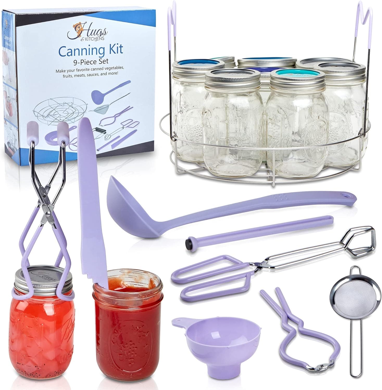 Canning Supplies Starter Kit in Lavender - 9-Piece Canning Tools Set with Stainless-Steel Rack, Ladle, Jar Funnel, Jar Lifter, Magnetic Lid Lifter, Jar Wrench, Strainer, Kitchen Tongs, Bubble Popper
