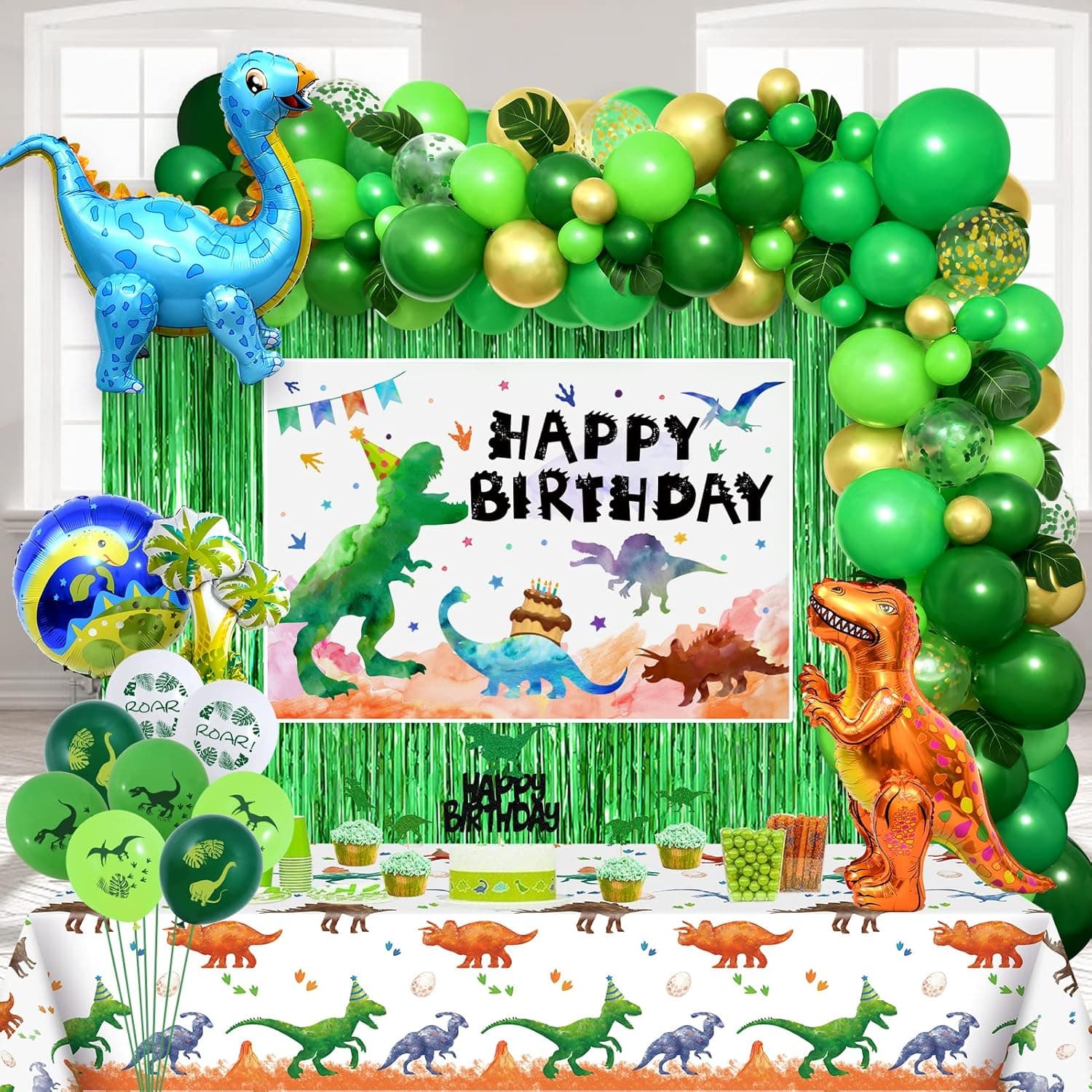 Golray 129Pcs Dinosaur Birthday Party Supplies Decorations For Boys Girls,Kids Dino Theme Balloon Garland Arc Kit For Room And Bedroom Decor,Green Happy Birthday Decorations With Dinosaur Balloons