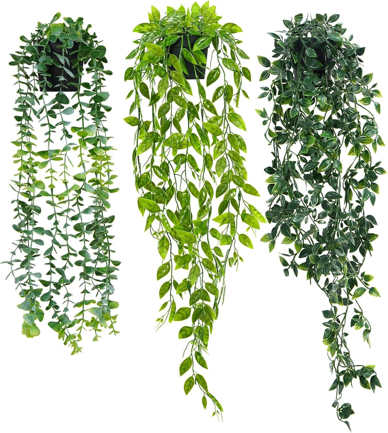 MARTINE MALL Artificial Hanging Plants, 3 Pack Fake Hanging Plants Fake Greenery Hanging Plants Faux Hanging Potted Plants Eucalyptus Vine Mandala Vine in Pot for Indoor Outdoor Office Home Decor