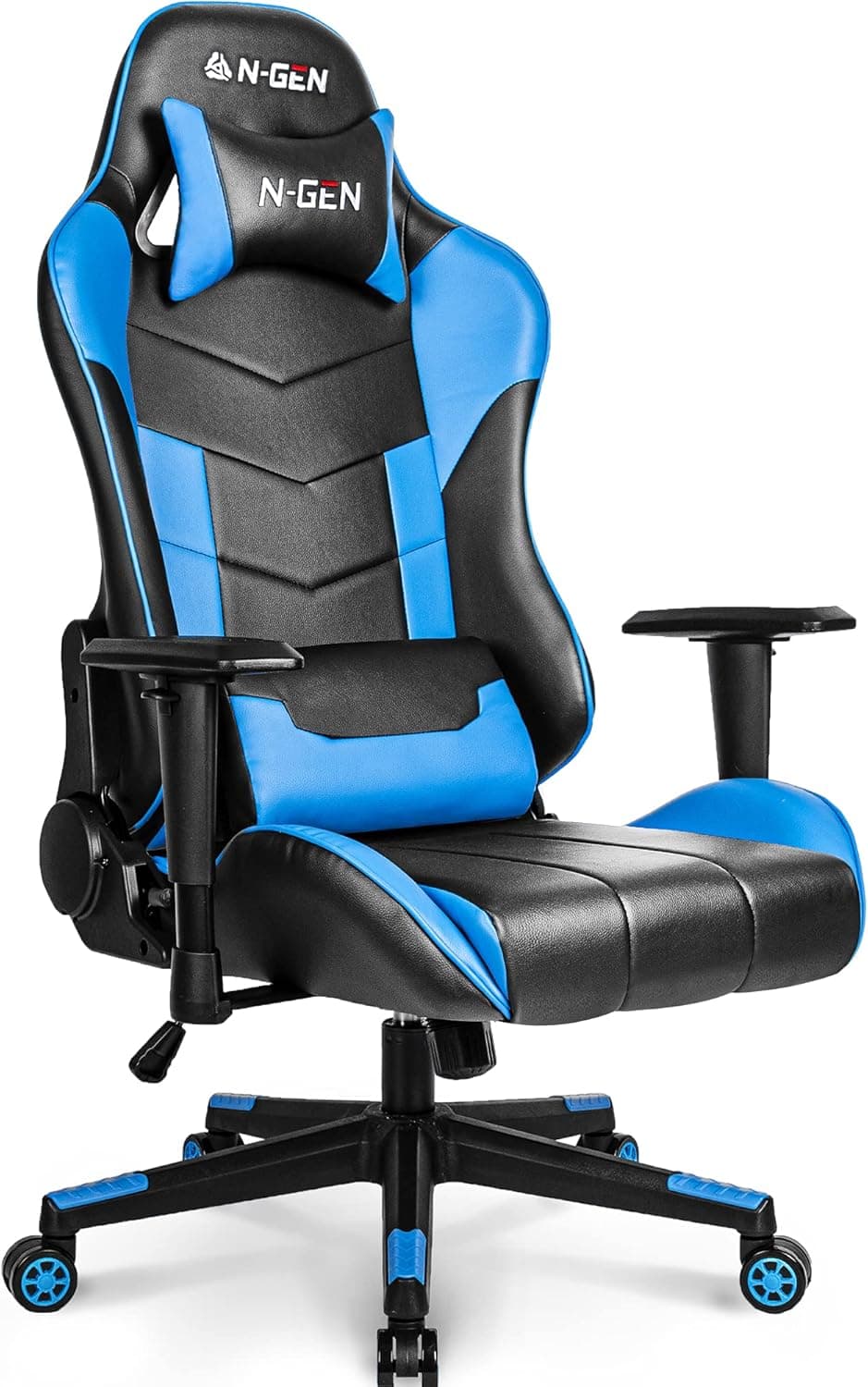 N-GEN Gaming Chair Computer Ergonomic Office Adjustable Lumbar Support Racing Style High Back Desk Headrest Swivel Executive E-Sports Video Game PC Leather Height Reclining (1. Blue)