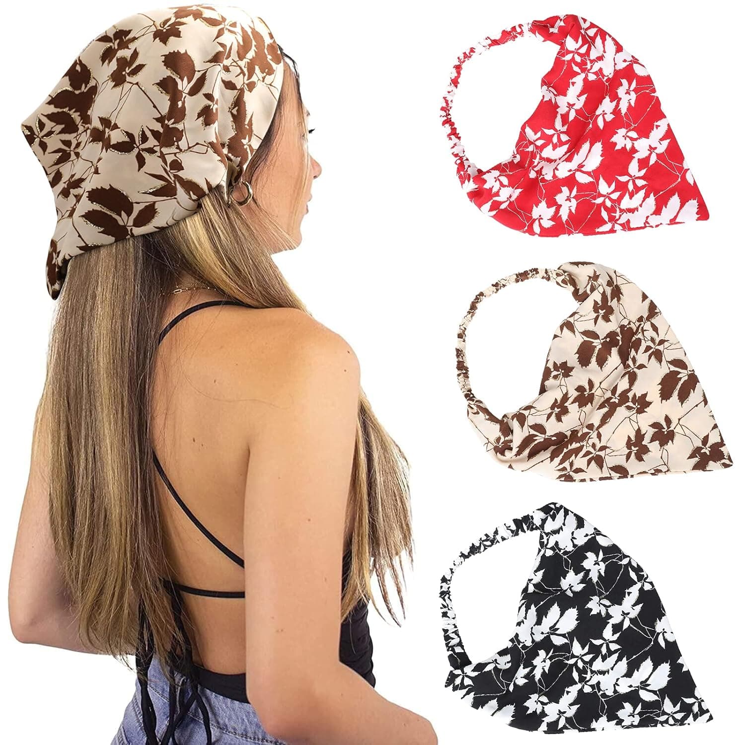 Floral Elastic Hair Scarf Headband - 3PCS Triangle Boho Turban Bandanas Kerchief Vintage Headband for Women Girls Hair (Sequins Leaf(Red/Black/Light coffee ))
