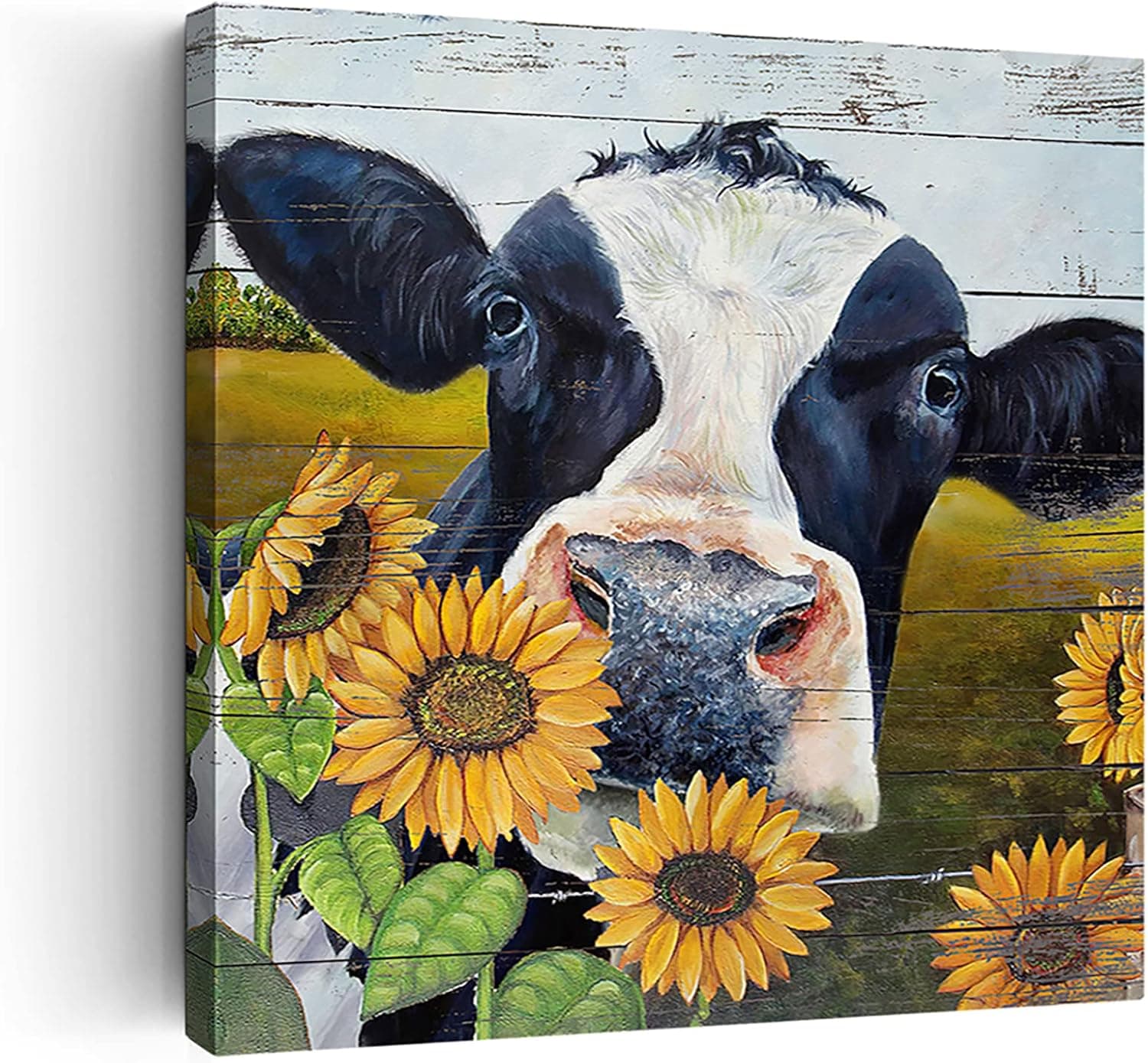 Cow Wall Art Farmhouse Cow Pictures Wall Decor Country Sunflower and Cow Painting Canvas Print Decor Rustic Wall Decor for Kitchen Bathroom Dining Room Framed Artwork Farm Cow Wall Decor 12"x12"