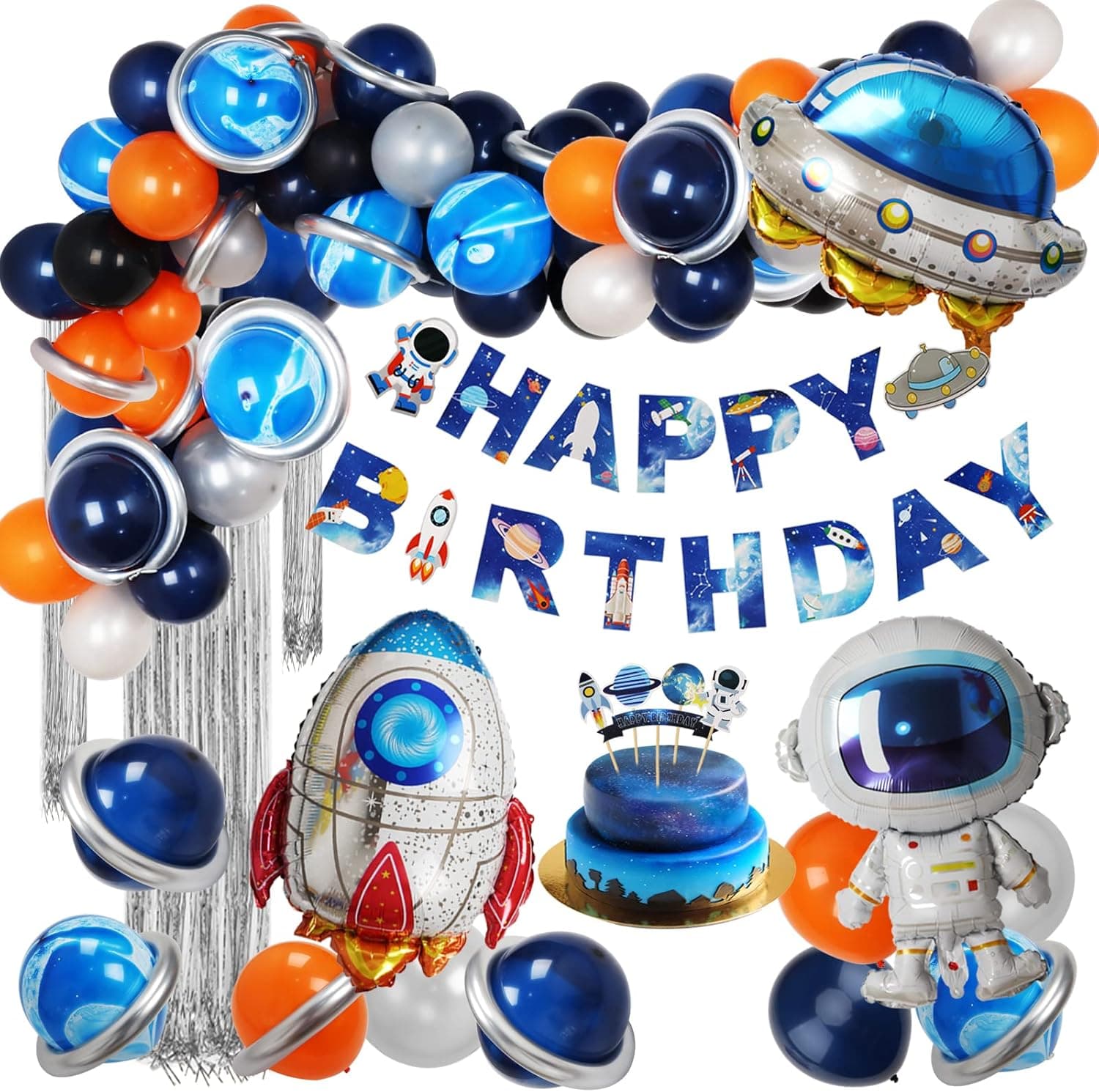 ZERODECO Outer Space Birthday Party Decorations, Navy Blue Orange Space Themed Party Supplies Happy Birthday Banner Cupcake Toppers Rocket Astronaut Balloon Garland for Boy Girl Kids Children Party