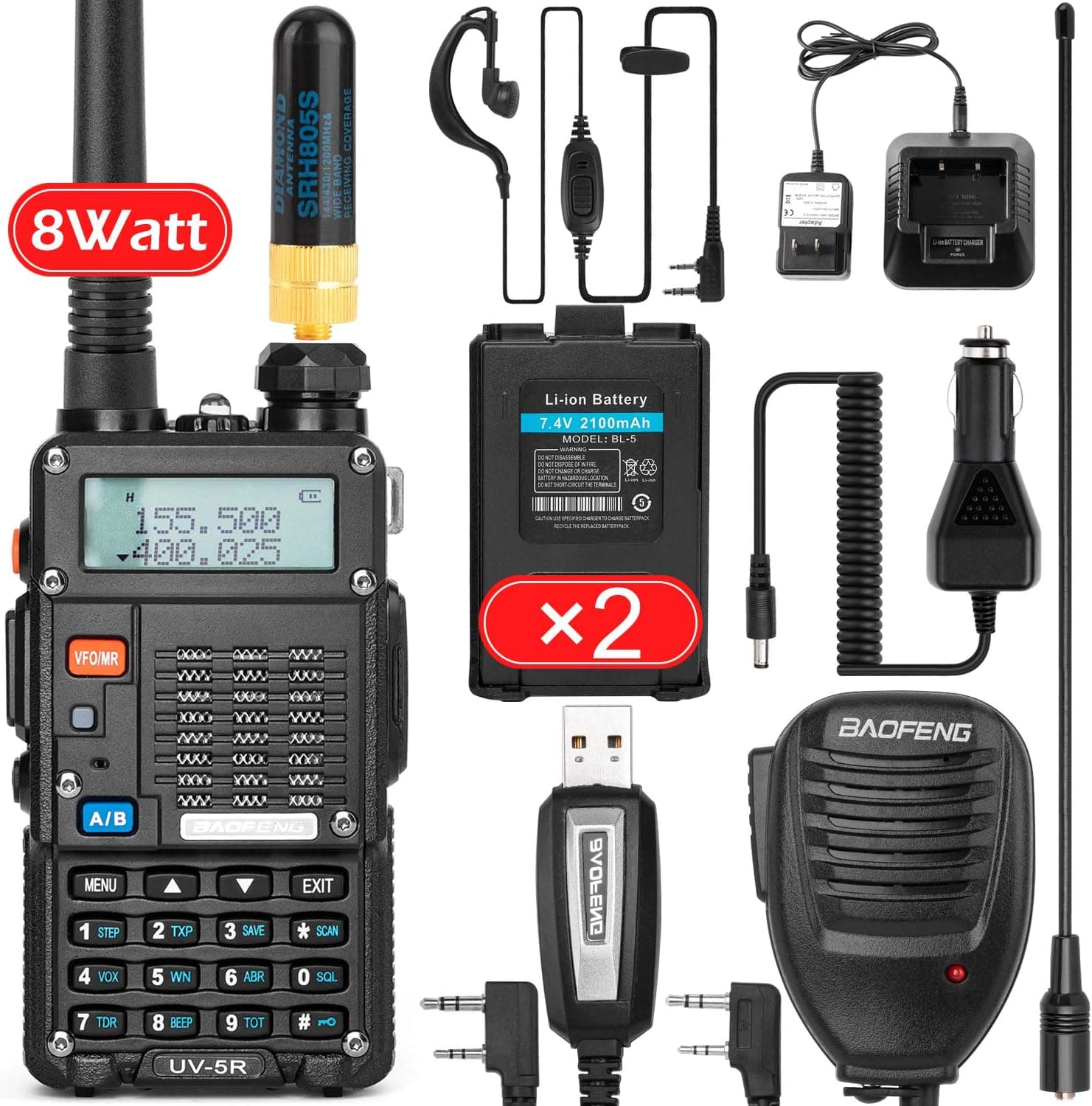 BaoFeng Ham Radio (UV-5R) Walkie Talkie with 2 Rechargeable Battery, Dual-Band 2-Way Radio Handheld Walkie Talkies Complete Set with Earpiece and Programming Cable (Pack 1)