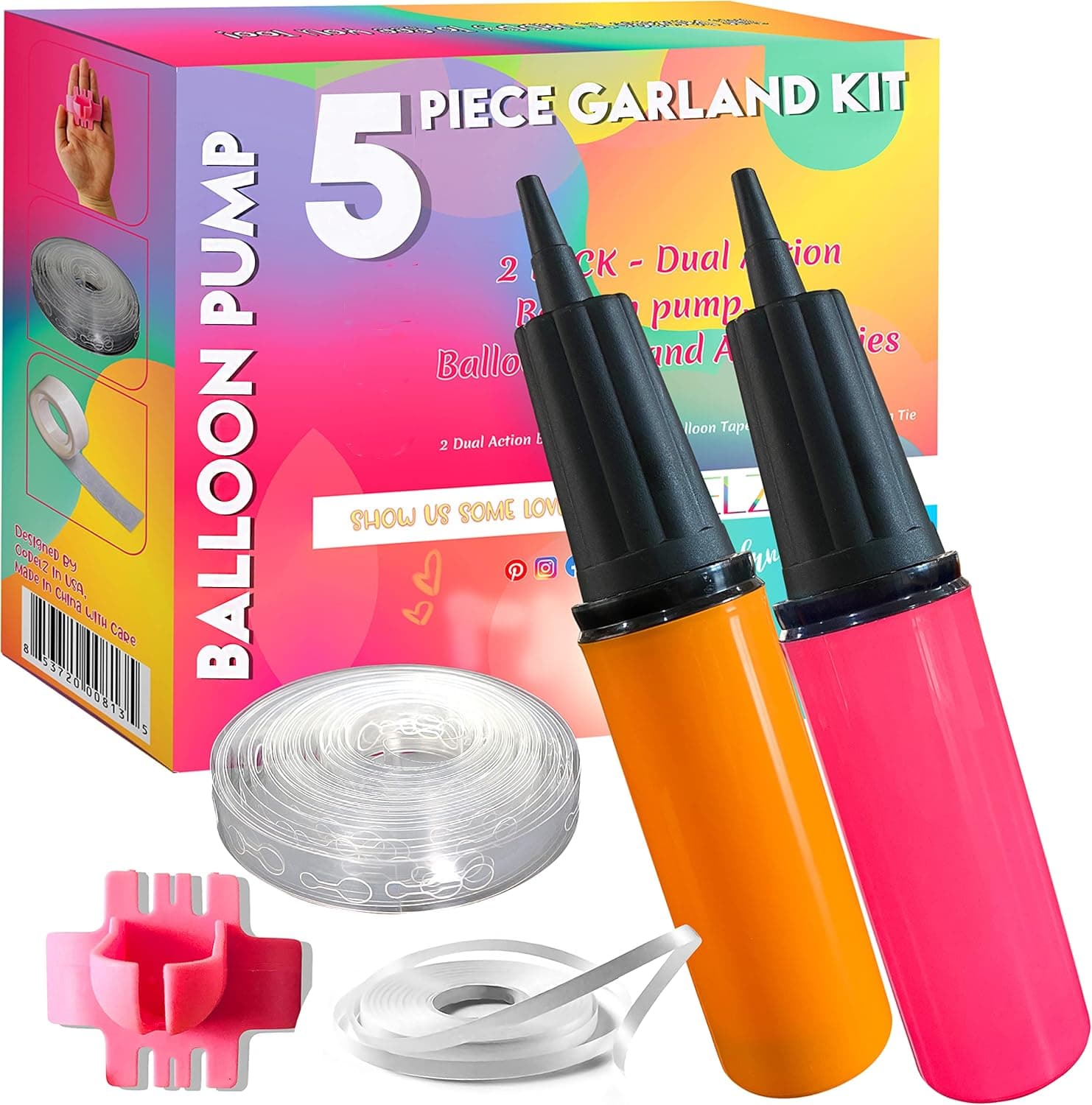 Balloon Pump Hand Pump-Balloon Inflator & Balloon Kit-2 Hand Air Pump for Balloons & Ballon Garland Kit- tie Tool, Balloon String & Tape for Birthday Party Decorations, Portable Air Pump Inflatables