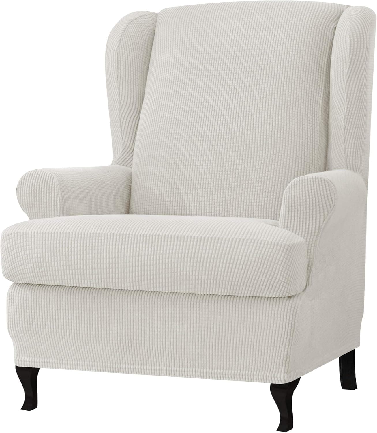 CHUN YI 2 Piece Stretch Jacquard Wing Chair Cover, Wingback Armchair Slipcovers Spandex Fabric WingChair Furniture Removable for Kids and Pets(Ivory White)
