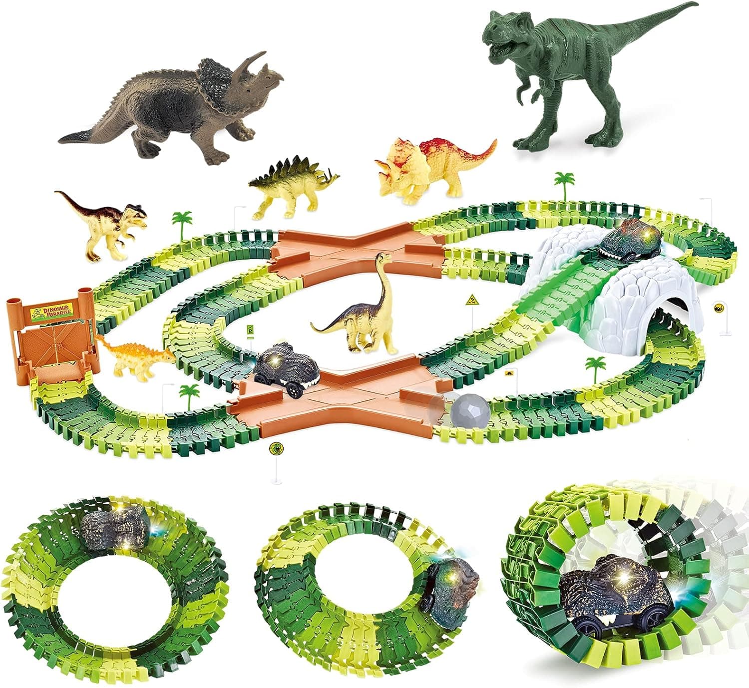 Dinosaur Toys Race Car Track for Kids,245 Pcs Create A Dinosaur World Road Race Track Flexible Track Playset and 2 pcs Cool Dinosaur car for 3 4 5 6 Year Old boy Girls Best Gift