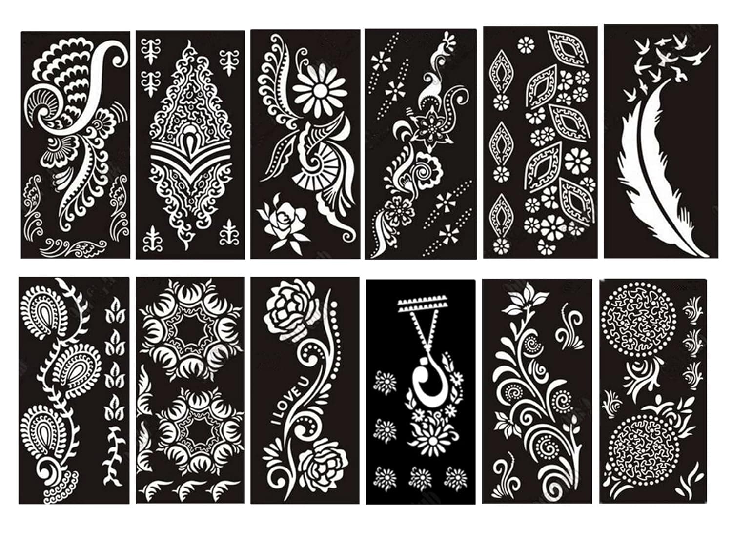 PACK of 12 Sheets Self-adhesive Henna Tattoo Stencils Template for Henna Tattoo Body Art Painting Glitter Tattoos Airbrush Tattoo