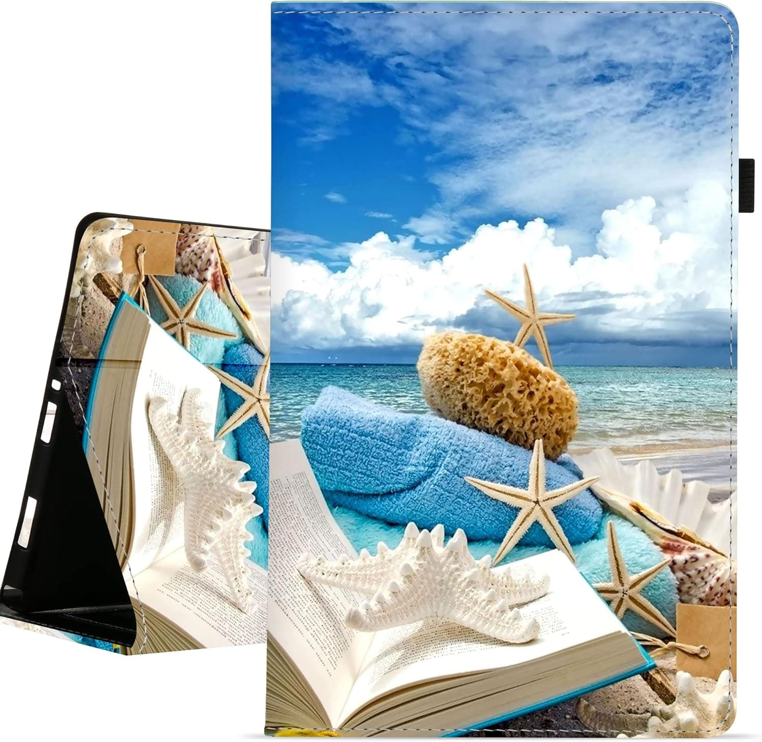 Case for Amazon All-New Kindle Fire 7 Tablet (2022 Release 12th) Latest Model Auto Sleep/Wake with Elastic Band Multi-Angle Viewing Protective Slim Flip Folio Stand Cover. (Blue Sky sea Starfish)