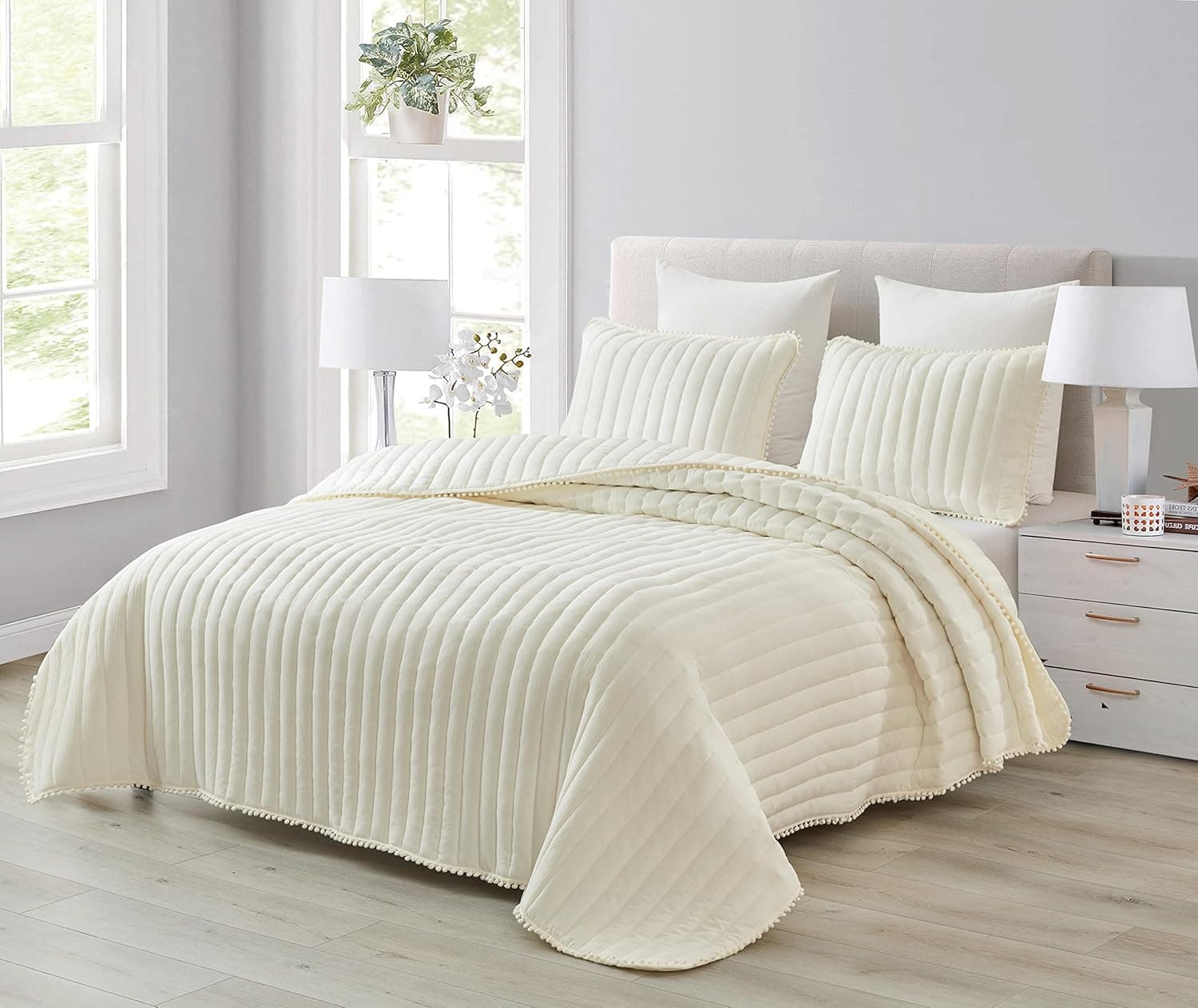Chezmoi Collection Iris 3-Piece Ivory Pom Pom Quilt Set - Ball Fringe Channel Stitch Quilted Bedspread, Washed Microfiber Coverlet, King Size