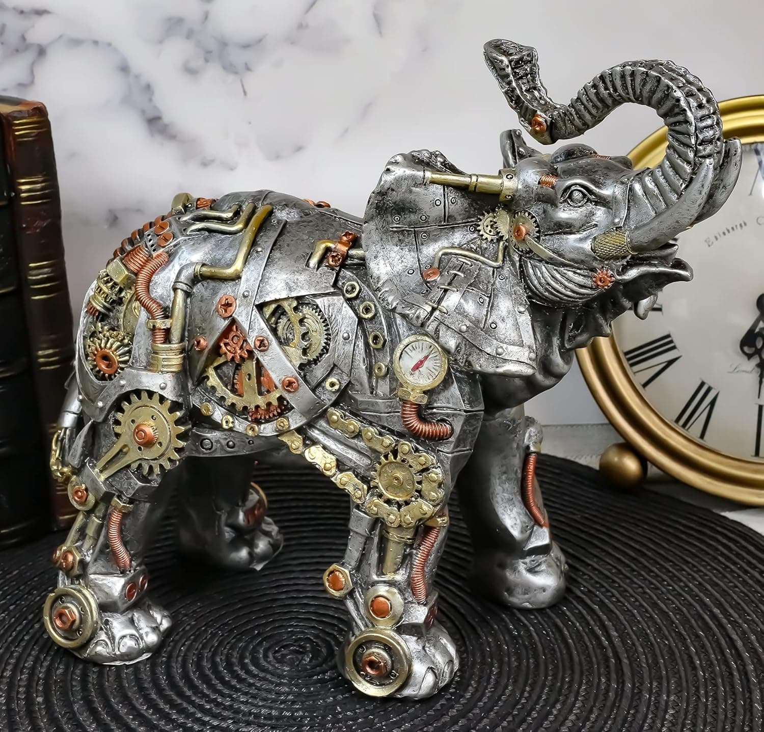 Ebros Victorian Sci Fi Industrial Steam Age Steampunk Pressure Valve Geared Cyborg Elephant with Trunk Up Figurine Resin Safari Elephants Family Figurine Sculpture Decor Gifts
