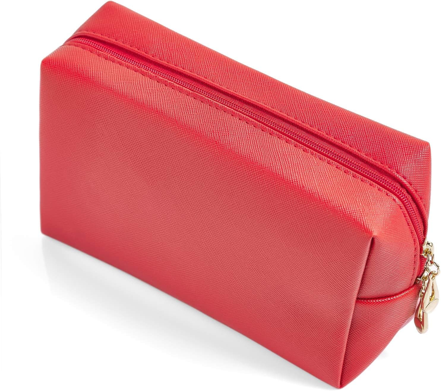 Sohynca PU Leather Cosmetic Bag for Women Minimalism Makeup Bag for Daily Use Portable Storage Purse Small Neat Cosmetic Pouch Water-resistant Toiletry Bag for Travel (Red)