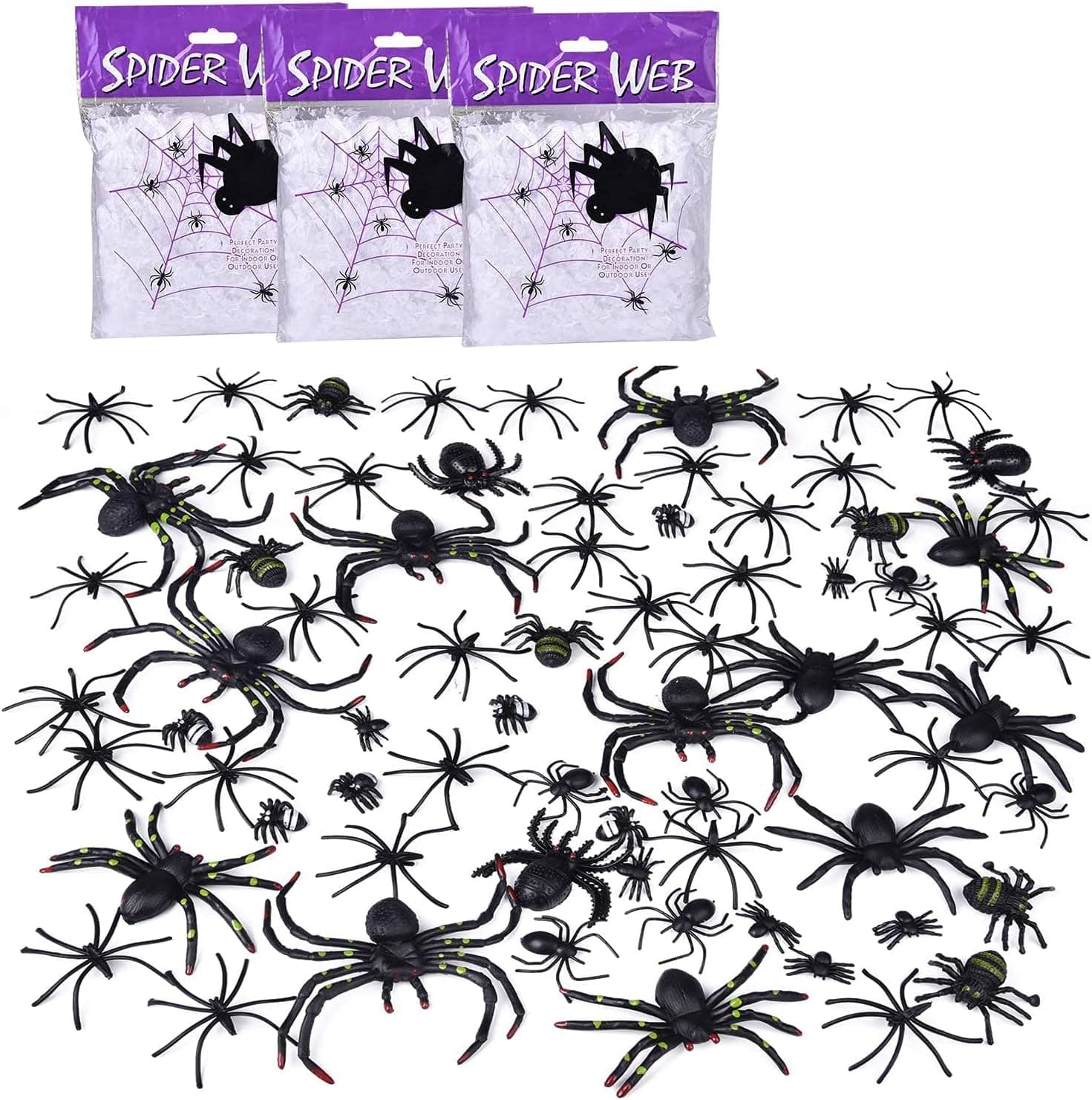 FUN LITTLE TOYS 3 Pack Spider Web with 69PCS Scary Mini Plastic Fake Spiders Bulk Toy Halloween Decoration Outdoor, Realistic Netting Cobwebs for Indoor Wall Window Ceiling Desk Curtains Party Decor