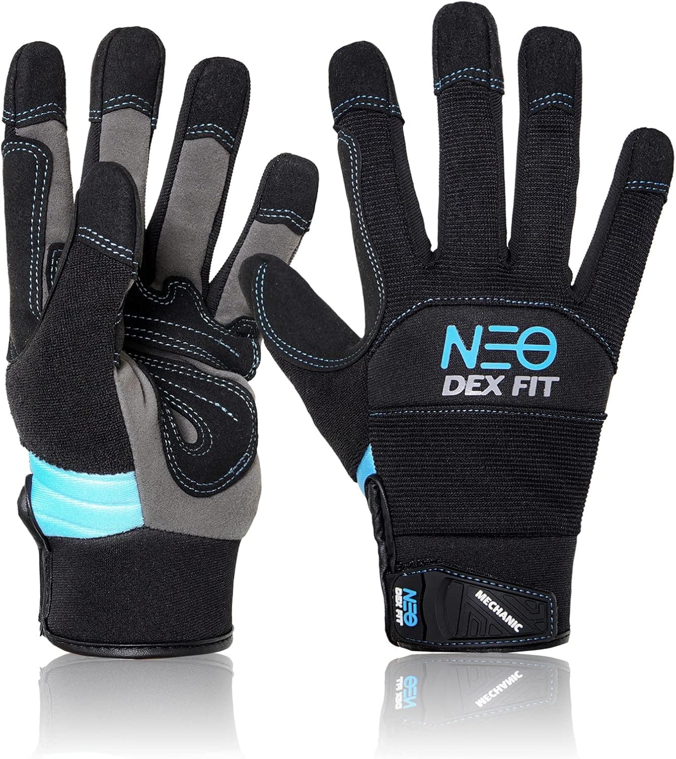 DEX FIT Mechanic Gloves MG310 Lightweight, Durable Leather Reinforcements, Firm Grip, Stretch Comfort Fit, Touchscreen Compatible, Thin and Breathable, Washable, Black (L) 1 Pair