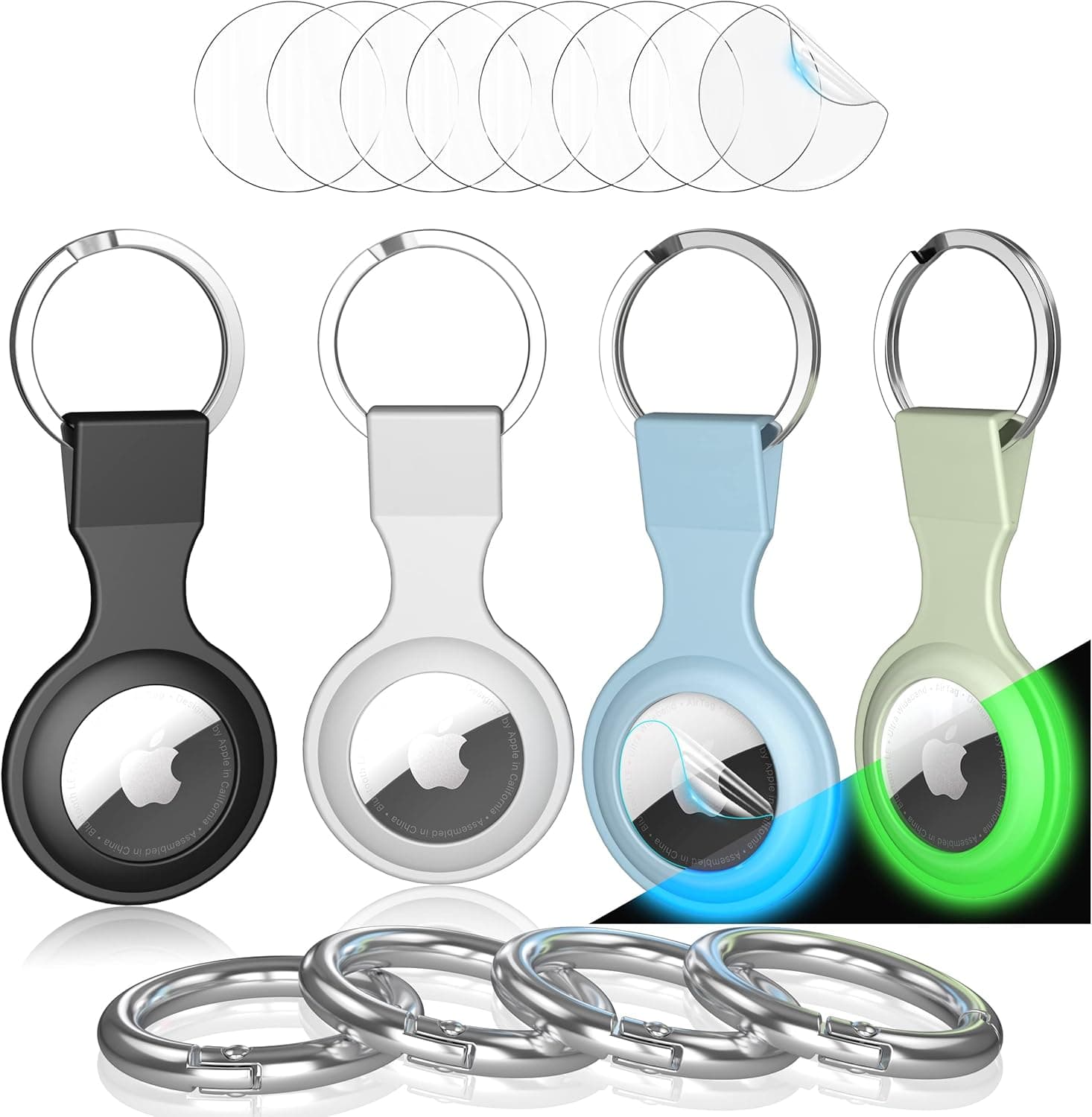 [4 Pack] Luminous Airtag Case Compatible with Apple Airtag 2021, with 8Pcs Screen Protector, Anti-Scratch Lightweight Skin Cover with Key Ring for AirTags Holder Keychain Accessories