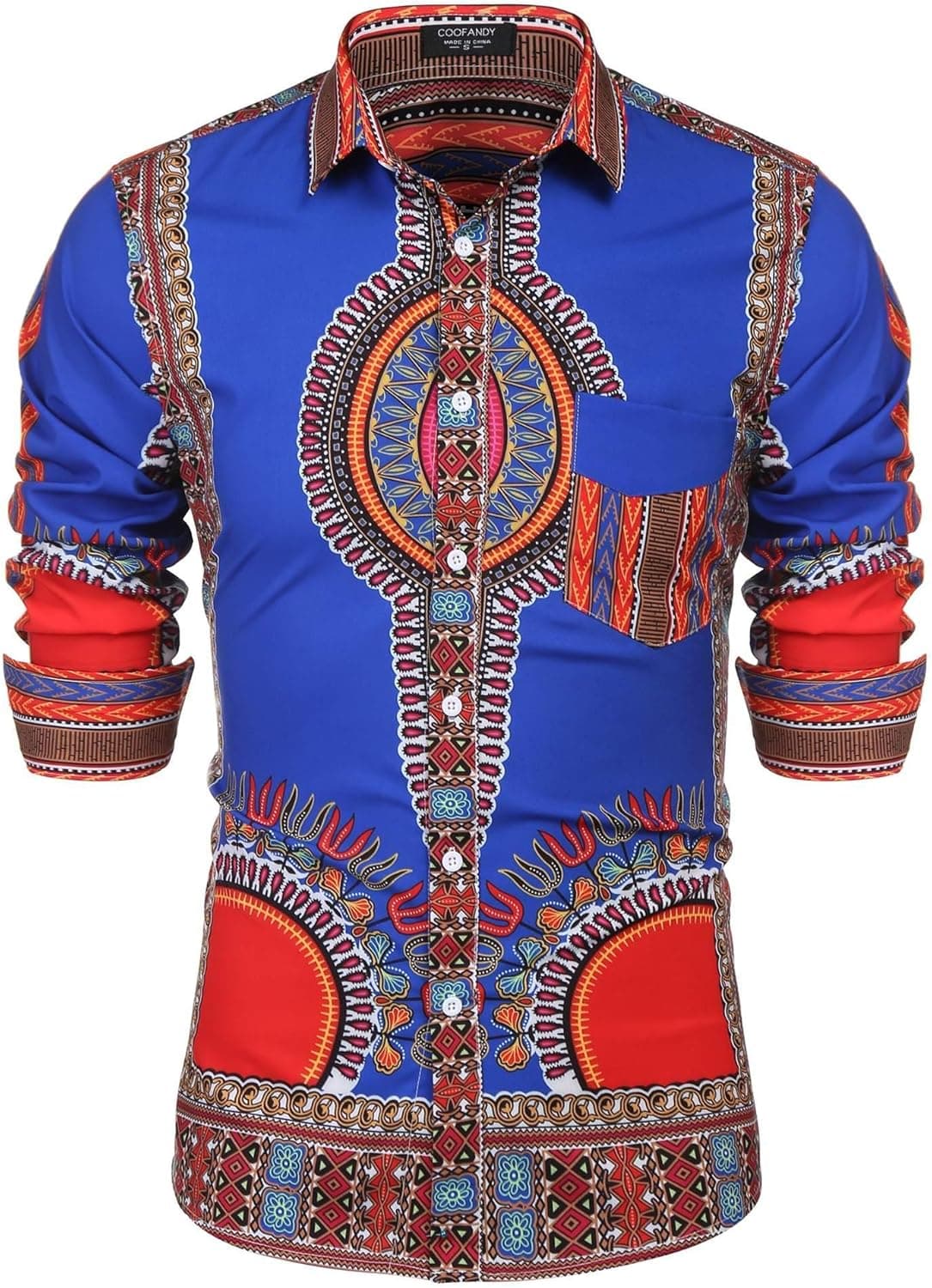 COOFANDY Mens African Print Dashiki Fashion Casual Autumn Dress Shirt, Blue, Medium