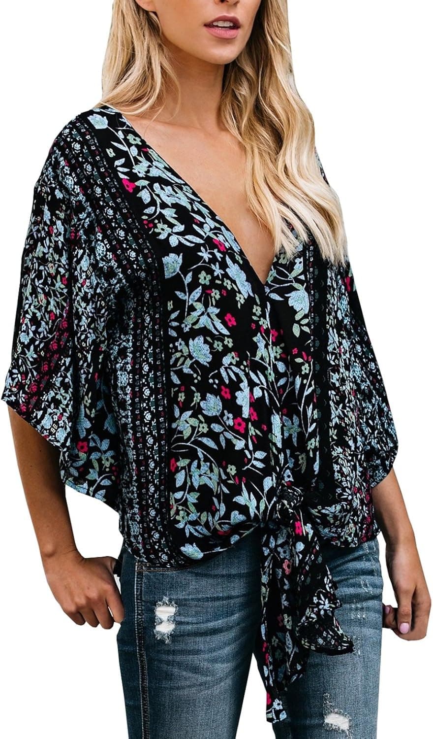 Women's Floral Short Sleeve V Neck Kimono Shift Tops Tie Front Flare Chiffon Blouses Shirt Black