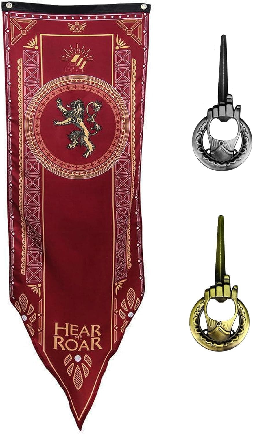 Game Of Thrones House Lannister Tournament Banner 18 x 60 With BONUS GIFT | Includes a Hand of The King Bottle Opener (Bronze)