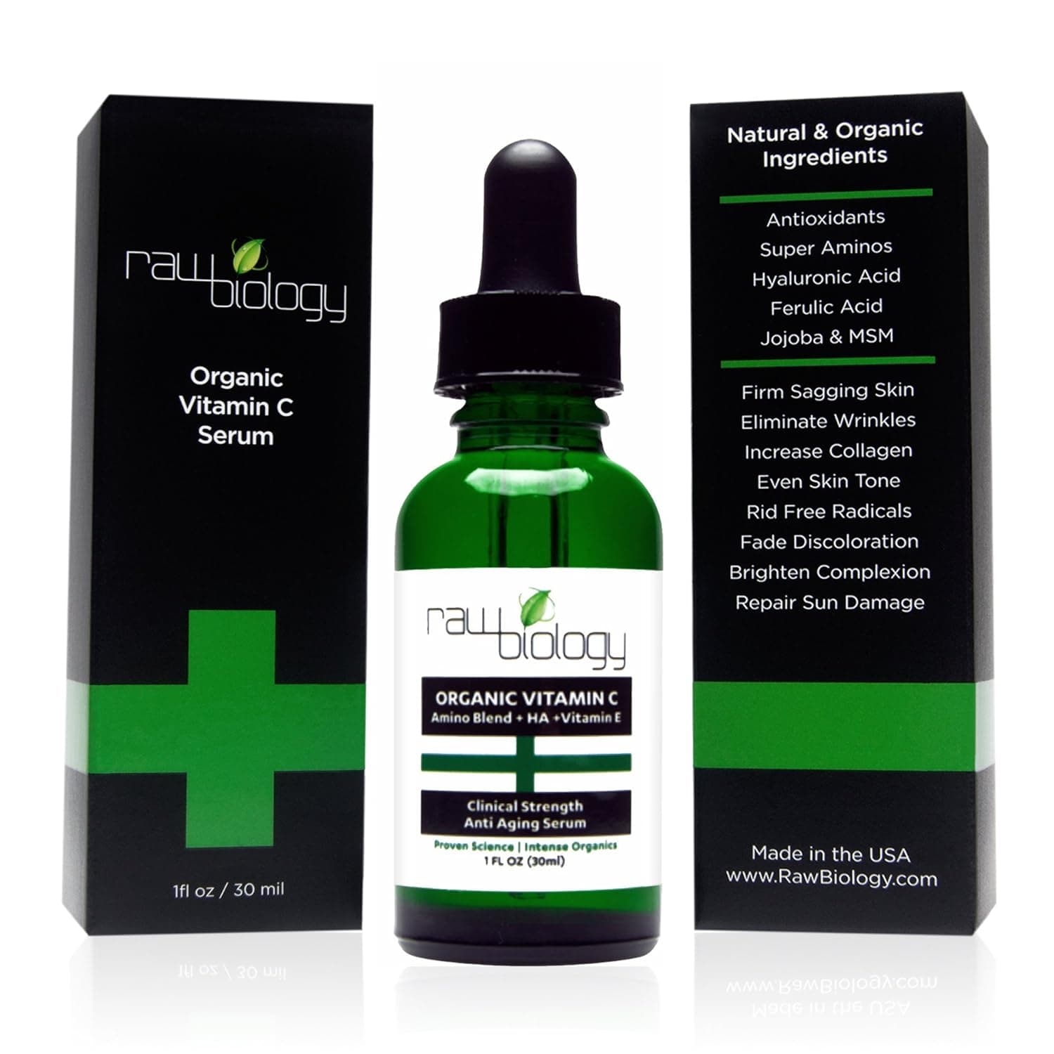 Raw Biology Organic Vitamin C Serum with Hyaluronic Acid, Clinical Strength Age Defying Formula for Your Skin