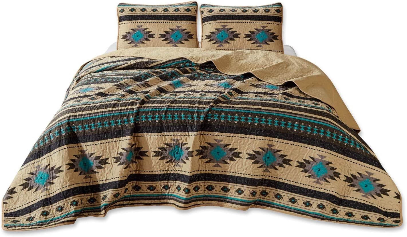 Chezmoi Collection 2-Piece Southwestern Geometric Tribal Quilt Set - Multicolor Teal Beige Black Gray Lightweight Quilted Bedspread Set, Twin (70" x 90")