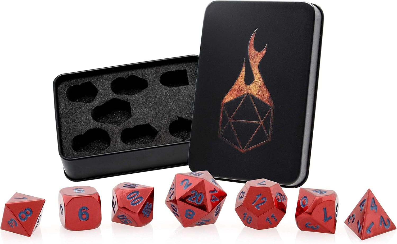 Forged Dice Co. Metal Dice Set - Polyhedral Dice Set of 7 with Dice Storage Tin and Stickers - Metal DND Dice and Gaming Dice for Dungeons and Dragons RPG Games Hero's Red w/Blue Numbers