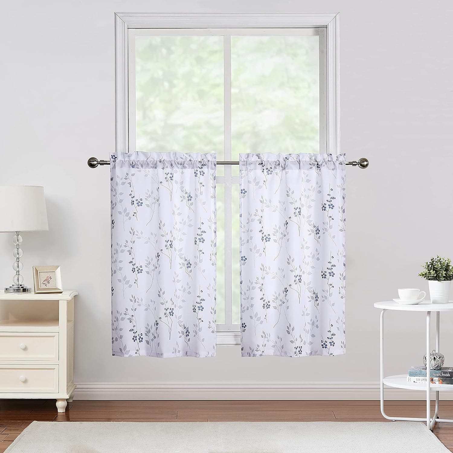 Beauoop Blue Gray Cafe Tier Curtains for Kitchen Leaf Floral Pattern Farmhouse Half Window Curtain Panels for Living Room Bathroom Basement Rod Pocket Window Treatment Set, 28" W x 24" L, Set of 2