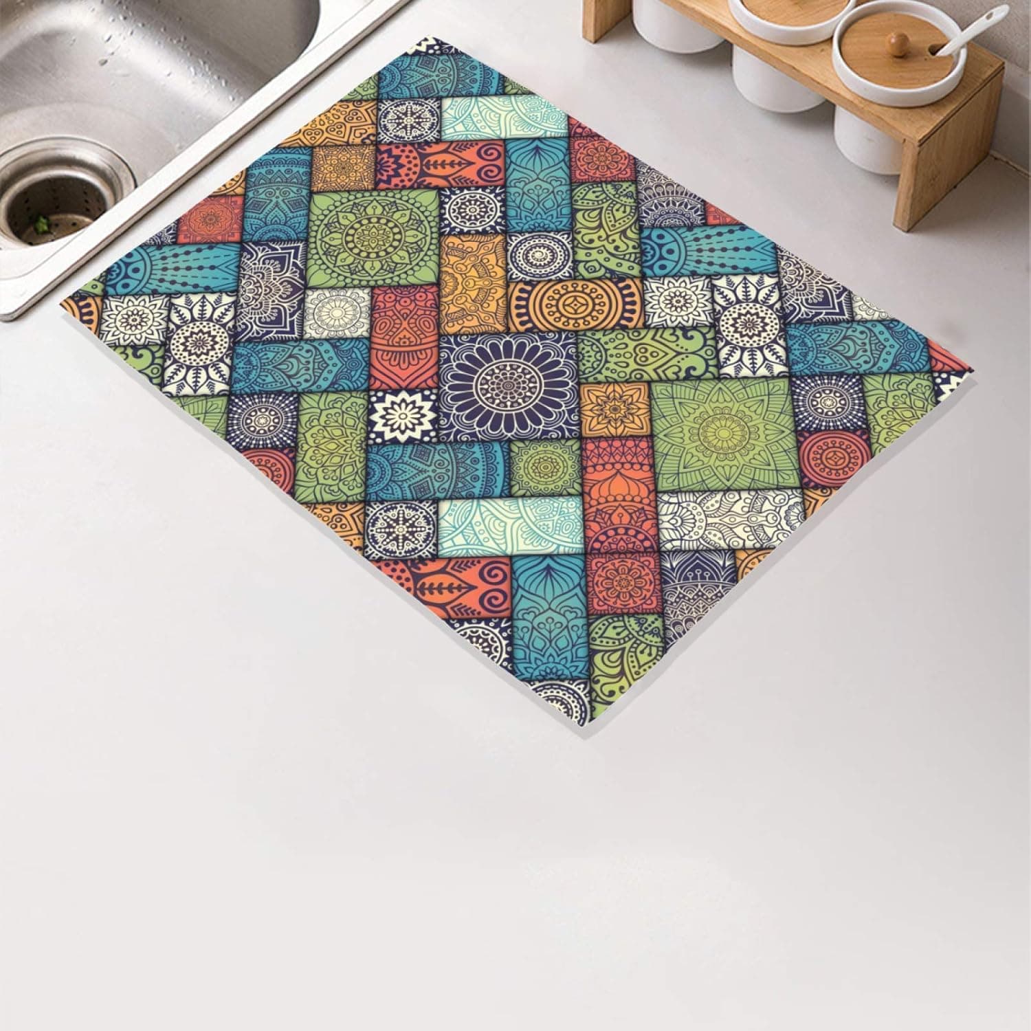 Mandala Absorbent Dish Drying Mat Colorful Mandala Flower Plaid Pattern Kitchen Counter Drying Mat Microfiber Dish Drying Rack Pad Reversible Dish Drainer Mats Washable Heat-resistant