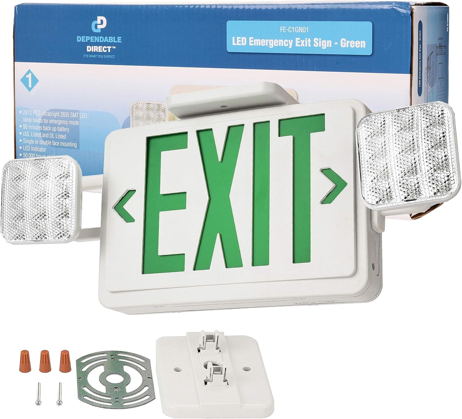 Dependable Direct Green LED Exit Sign with Emergency Lights Combo with Battery Backup - UL Certified, Double Sided, Commercial Grade for Schools, Apartments, Offices, Hotels