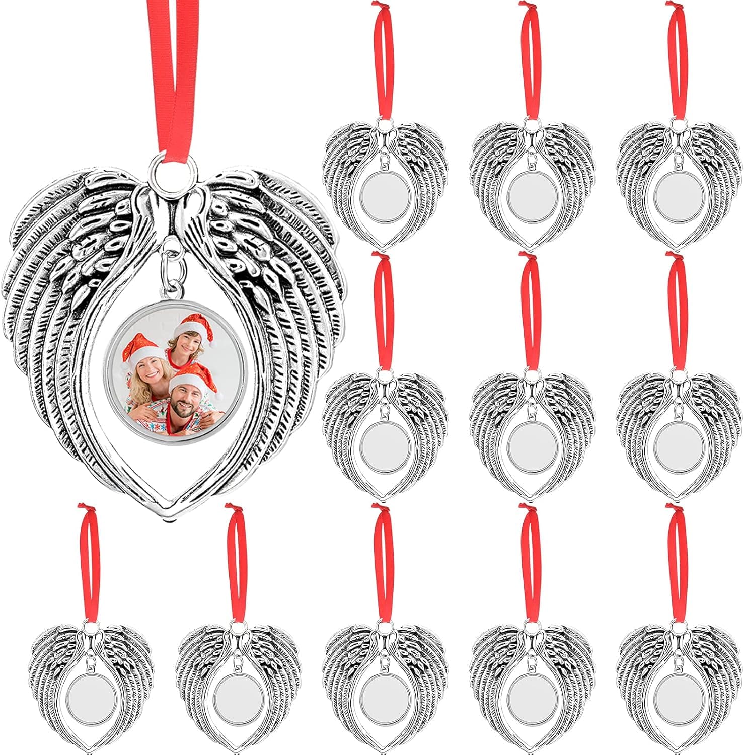 Hotop Sublimation Christmas Ornament Angel Wings Shape Blank Decorations Xmas Hot Transfer Printing Consumables Supplies Wing Photo Pendants Necklaces with Ropes Tree Party Favor (12 Pieces), Silver