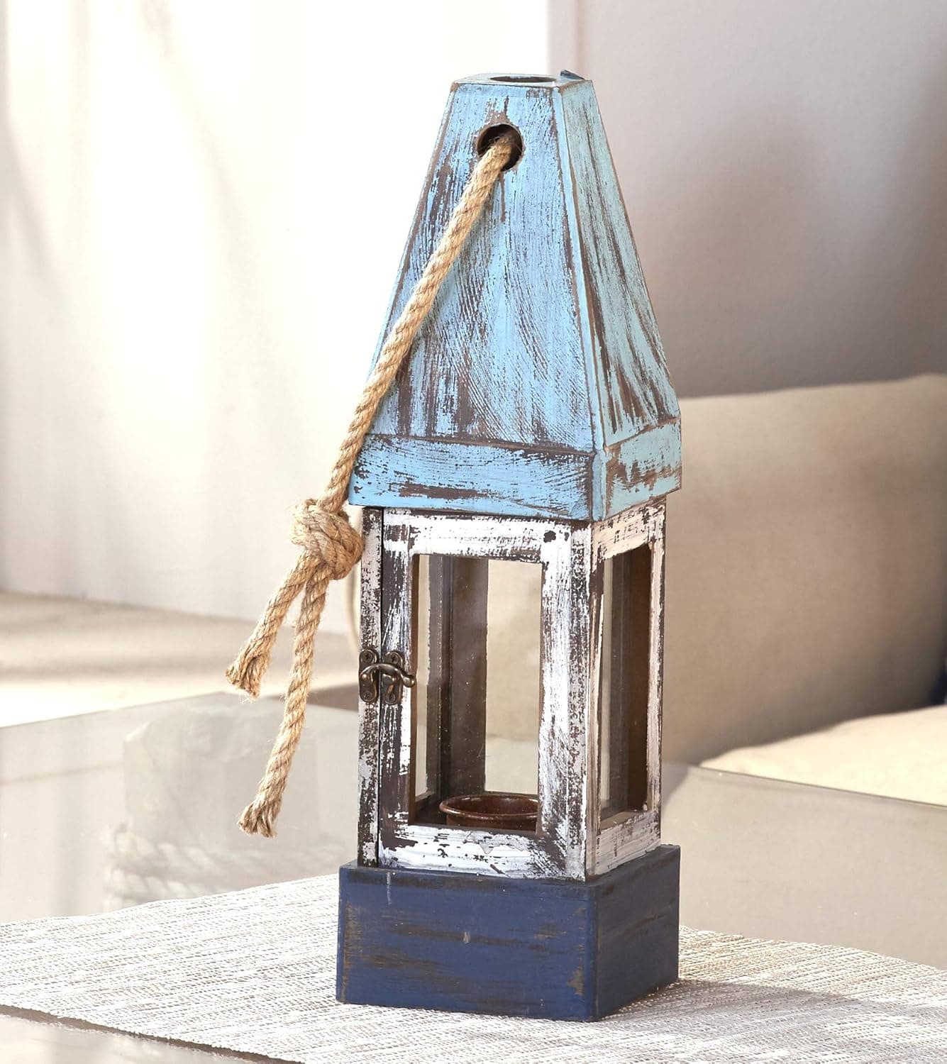 Decorative Buoy Lantern Candleholder with Distressed, Coastal Style
