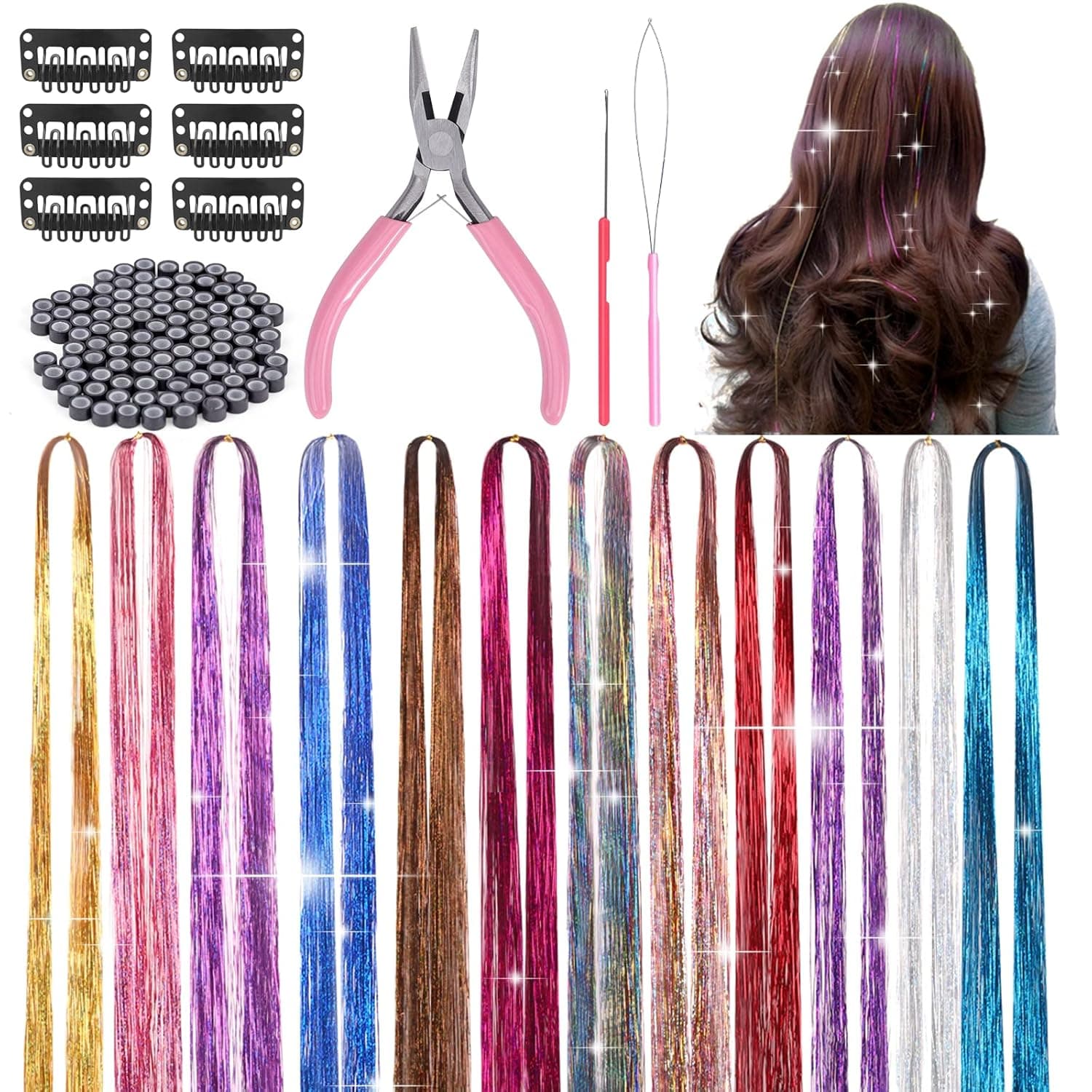Hair Tinsel Kit with Tools, 12 Colors 3000 Strands Sparkling Shiny Multi-Color Synthetic Fairy Glitter Hair Extensions Tinsel Heat Resistant for Christmas, Halloween Cosplay Party (48 Inch)