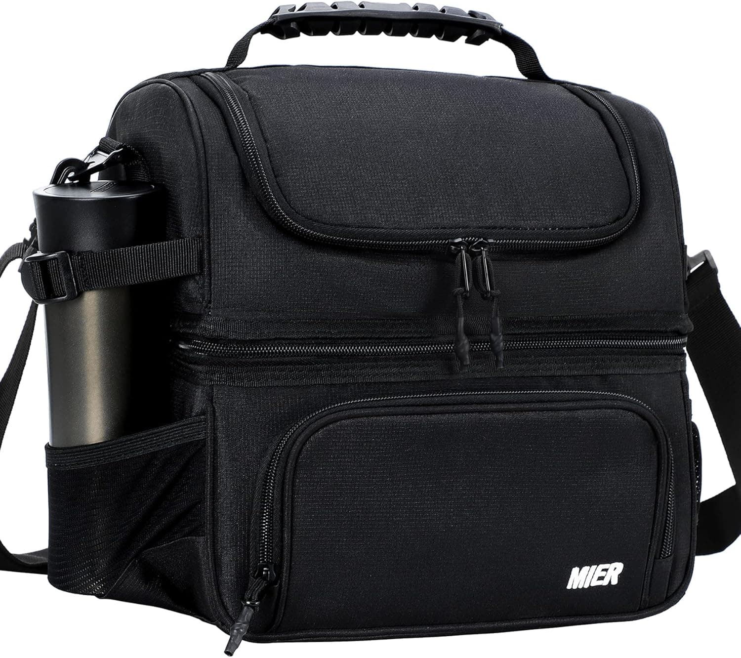 MIER Dual Compartment Lunch Bag Tote with Shoulder Strap for Men and Women Insulated Leakproof Cooler Bag, Black