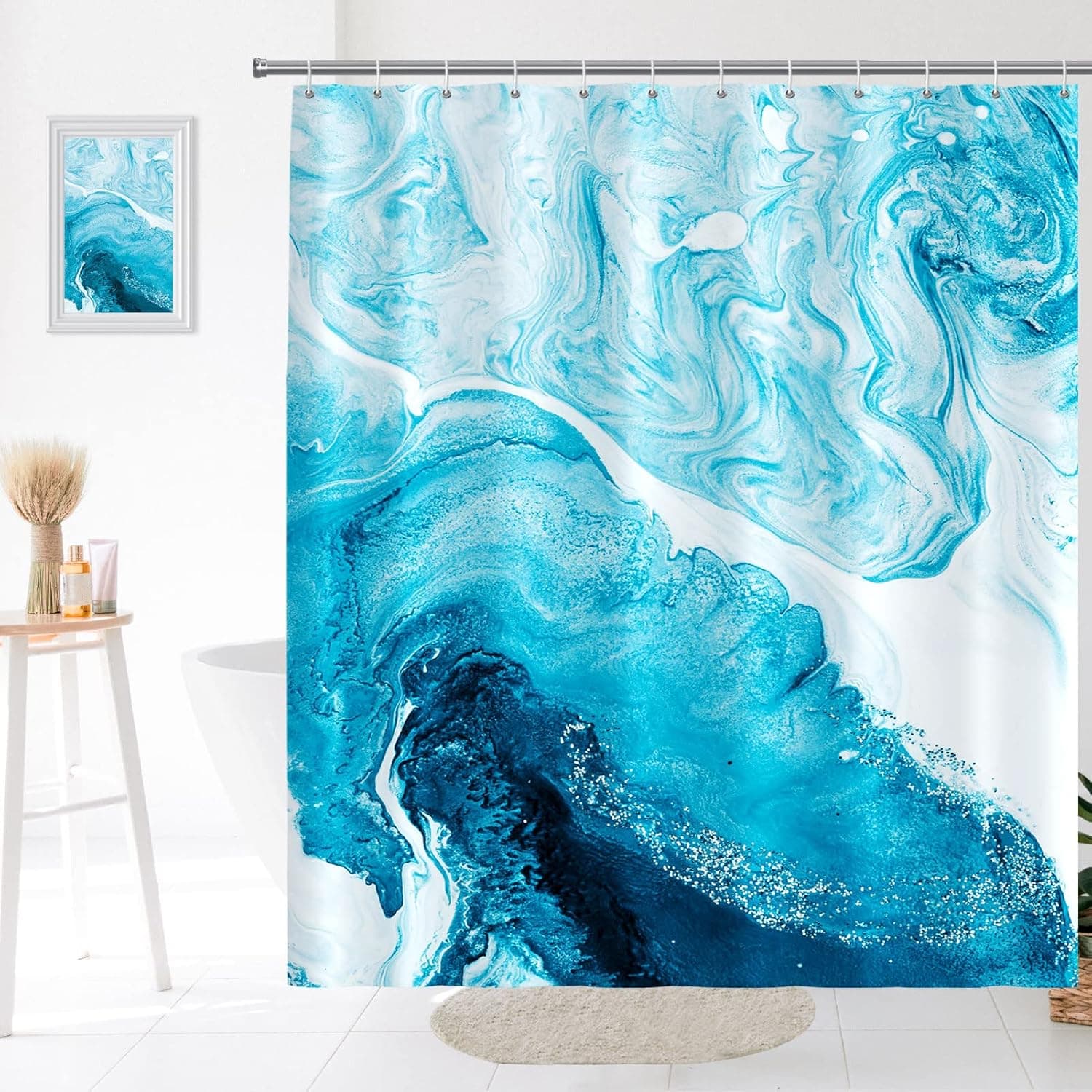 Seorsok Blue with Silver Marbled Shower Curtain,Creative Abstract Ocean Shower Curtain Decorative Bathroom Tub Home with 12 Hooks Quick Dry Washable Durable Polyester Fabric Standard 72x72 Inches