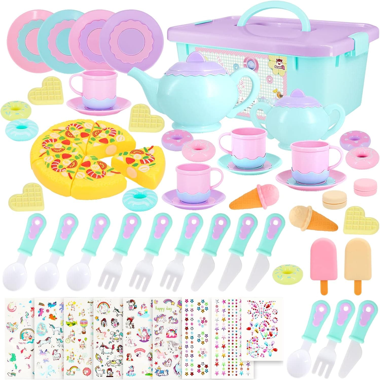 SevenQ Tea Set for Little Girls with DIY Stickers, Kids Tea Party Set Pretend Play Kitchen Toys, Decorate Teapot Set with Unicorn Gem Stickers, 60PCS Fun DIY Craft Kits, Gift for Girls 4 5 6 Years Old
