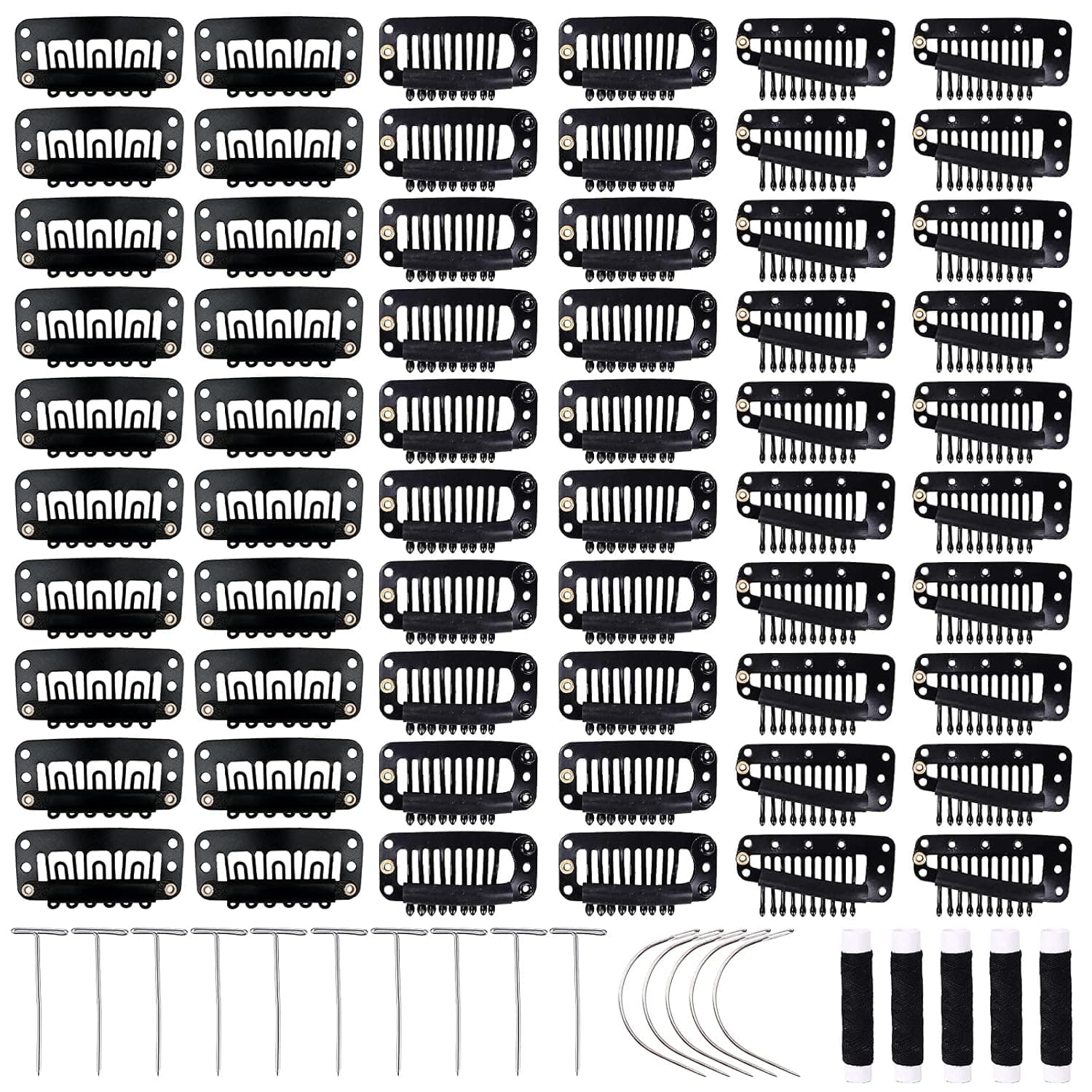 Lykoow 80 Pcs Wig Clips Comb Clips, 6-Teeth, 9-teeth and 10 Teeth Black Metal Hair Extensions Hairpieces Wig Clips Making with Soft Rubber Included Weaving Thread, Curved Needles, T-Pins