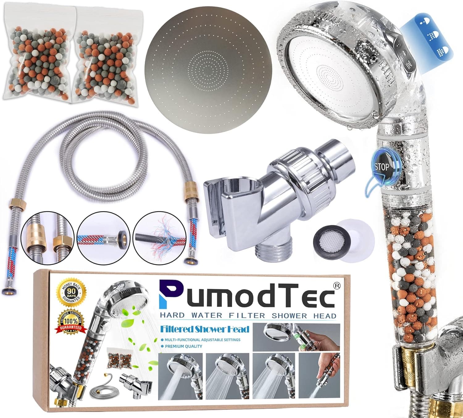 Filtered Shower Head Set,Mineral Ionic Shower Head High Pressure with Beads Filter,4-Mode,Detachable Cleaning,With Hose Holder and Standby Water Outlet Panel to Prevent Blockage,For Dry Skin & Hair.