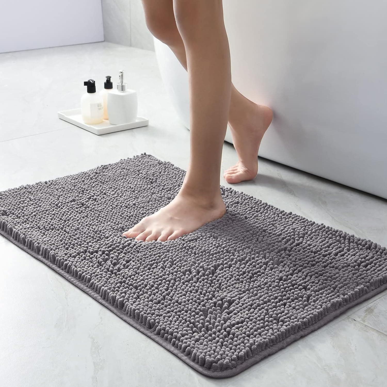 Wellber Grey Non Slip Chenille Bathroom Rugs, Super Absorbent Bath Rug Mats, Luxury Floor Bathroom Mat, Soft Cozy Shaggy Bath Rugs, Plush Rug for Bath Room Shower Tubs Washable 20 x 32 inches